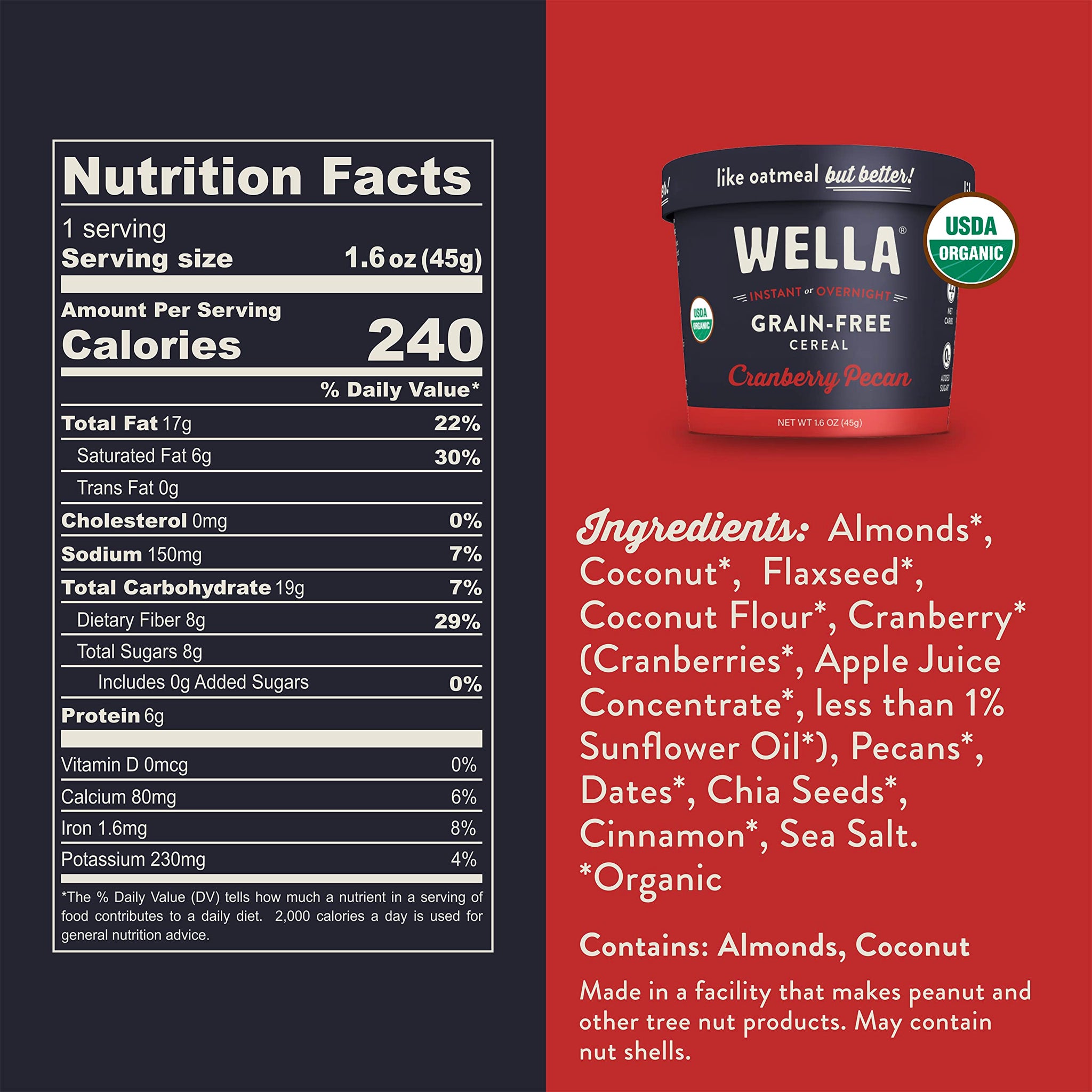 Wella Cereal Oatmeal Alternative, Gluten-Free Breakfast Hot Cereal, Grain-Free Paleo Organic Vegan High Protein Superfood, Plant-Based Non-GMO, Low in