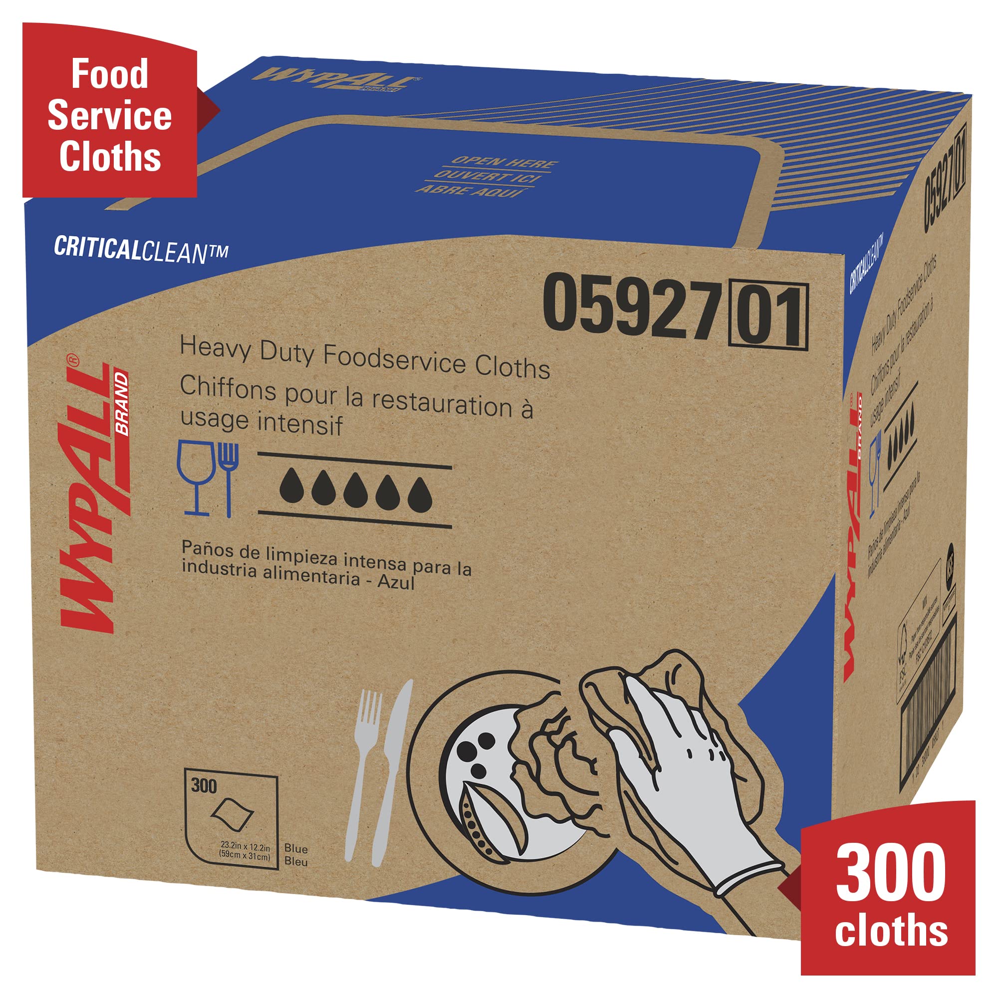 WypAll CriticalClean High Capacity Cloths Heavy Duty Foodservice Wipes (05927), Quarterfold Towels, Blue (1 Box of 300 Sheets, 300 Sheet Total)