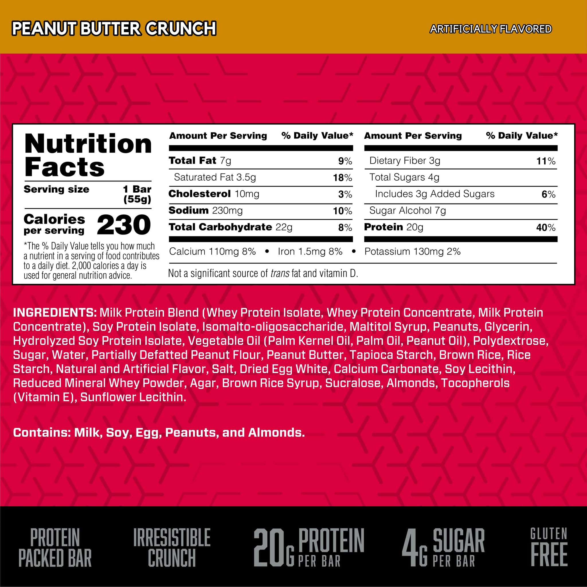 BSN Protein Crisp Bar, Peanut Butter Crunch, 20 Gram Protein Snack Bars with Whey and Fiber, Gluten-Free Crunchy Energy Bars for Workout, Fitness