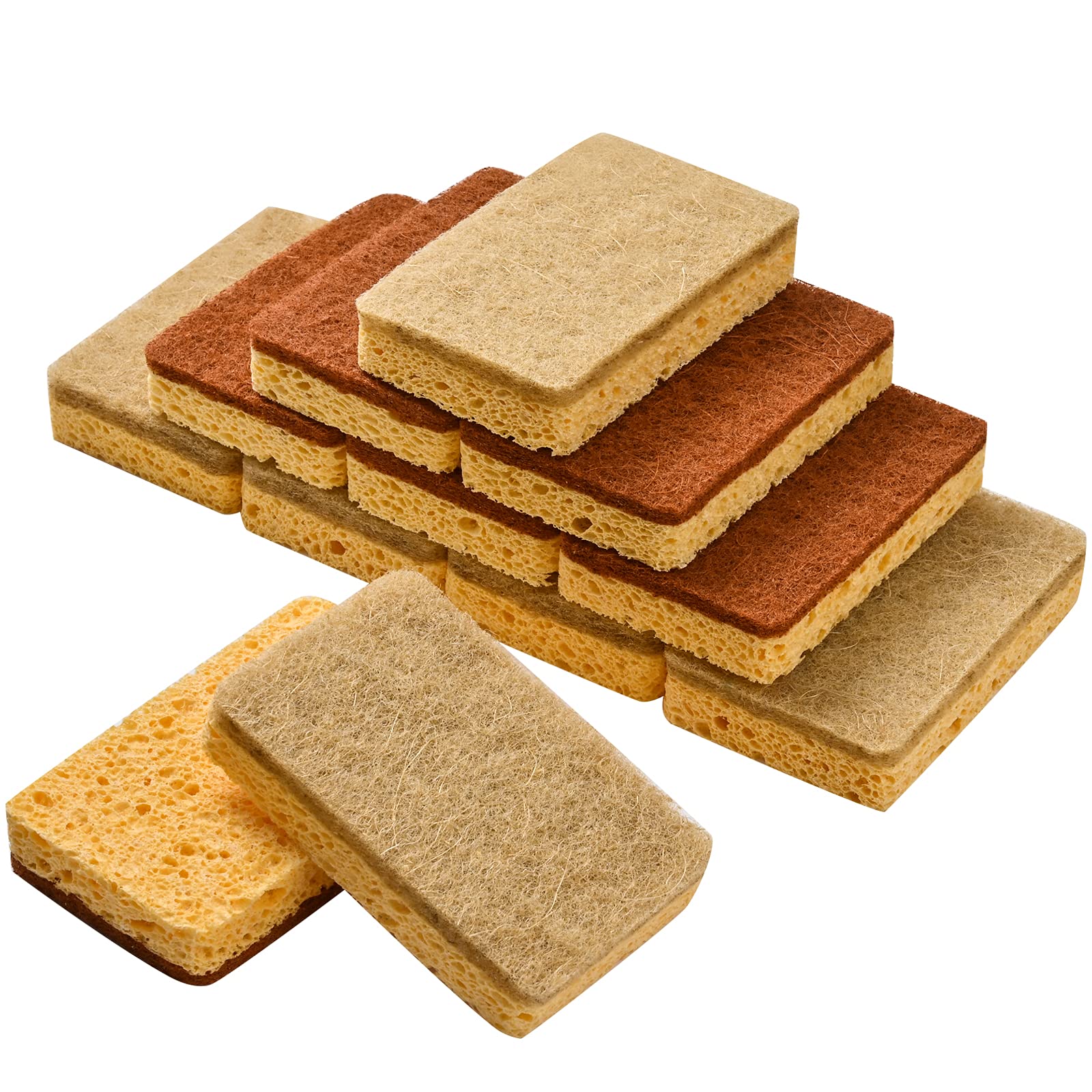 CFQ 12 Count Plant Fiber Dish Sponges, Non-Scratch, Wood Surface, 12 oz, Beige, Brown