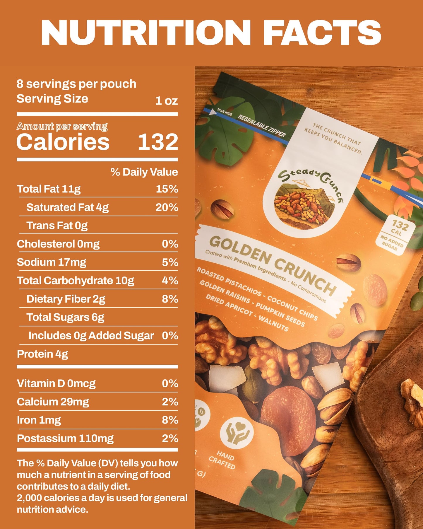 SteadyCrunch Golden Crunch Trail Mix - Non-GMO, Vegan & Gluten Free Mixed Nuts - Pistachios, Walnuts, Raisins & Dried Fruit Snacks - Healthy Snack