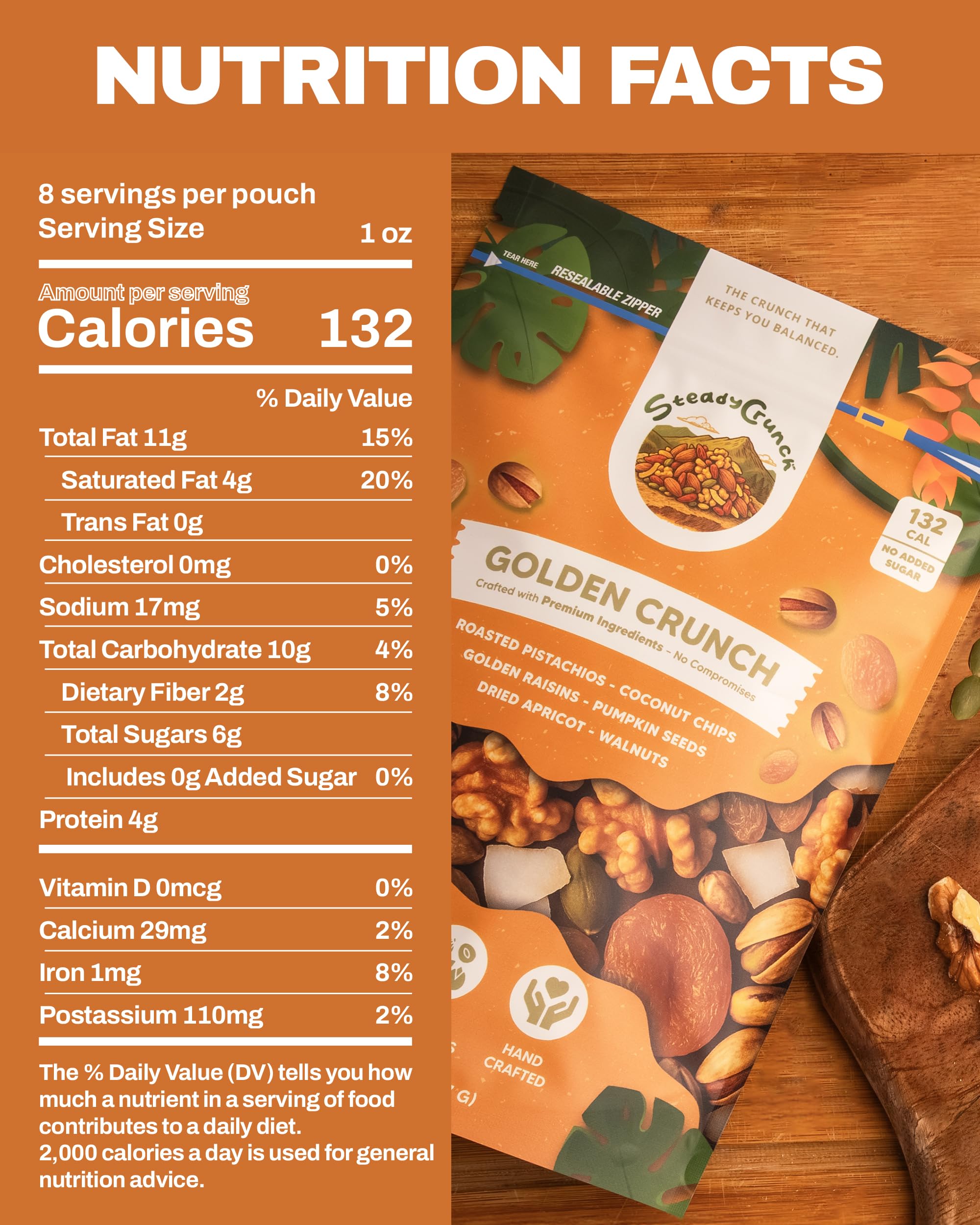 SteadyCrunch Golden Crunch Trail Mix - Non-GMO, Vegan & Gluten Free Mixed Nuts - Pistachios, Walnuts, Raisins & Dried Fruit Snacks - Healthy Snack