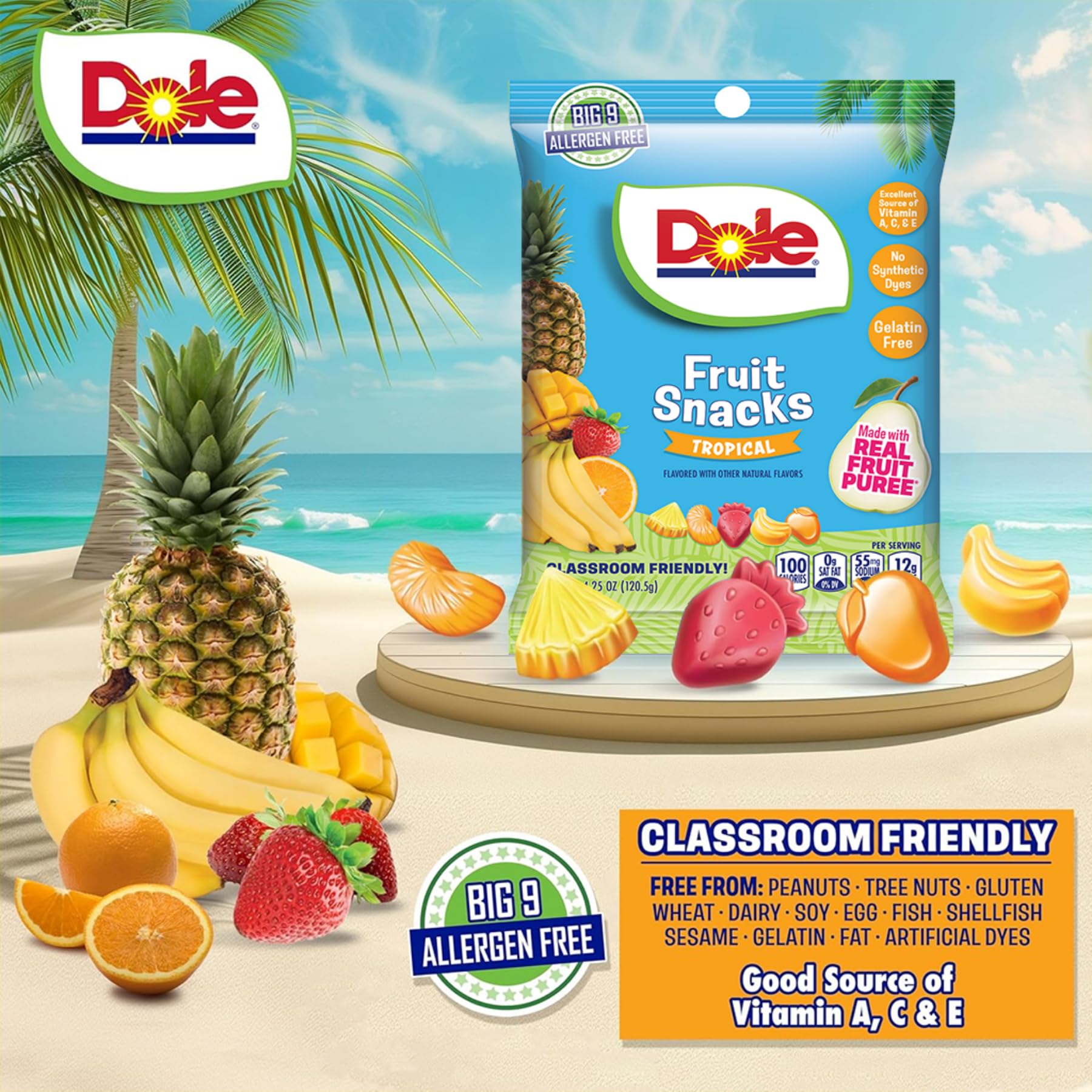 Dole Fruit Snacks, Tropical Flavors - Individually Wrapped Pouches - Classroom-Friendly, Top 9 Allergen Free, No Artificial Dyes, Natural Fruit Purée