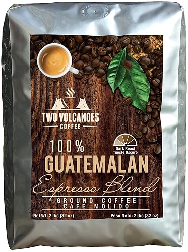 Two Volcanoes Ground Coffee - Dark Roast Espresso Blend - 2 lb bag - Guatemala Delicious Gourmet Coffee. Great for French Press. Get The Kick, Enjoy