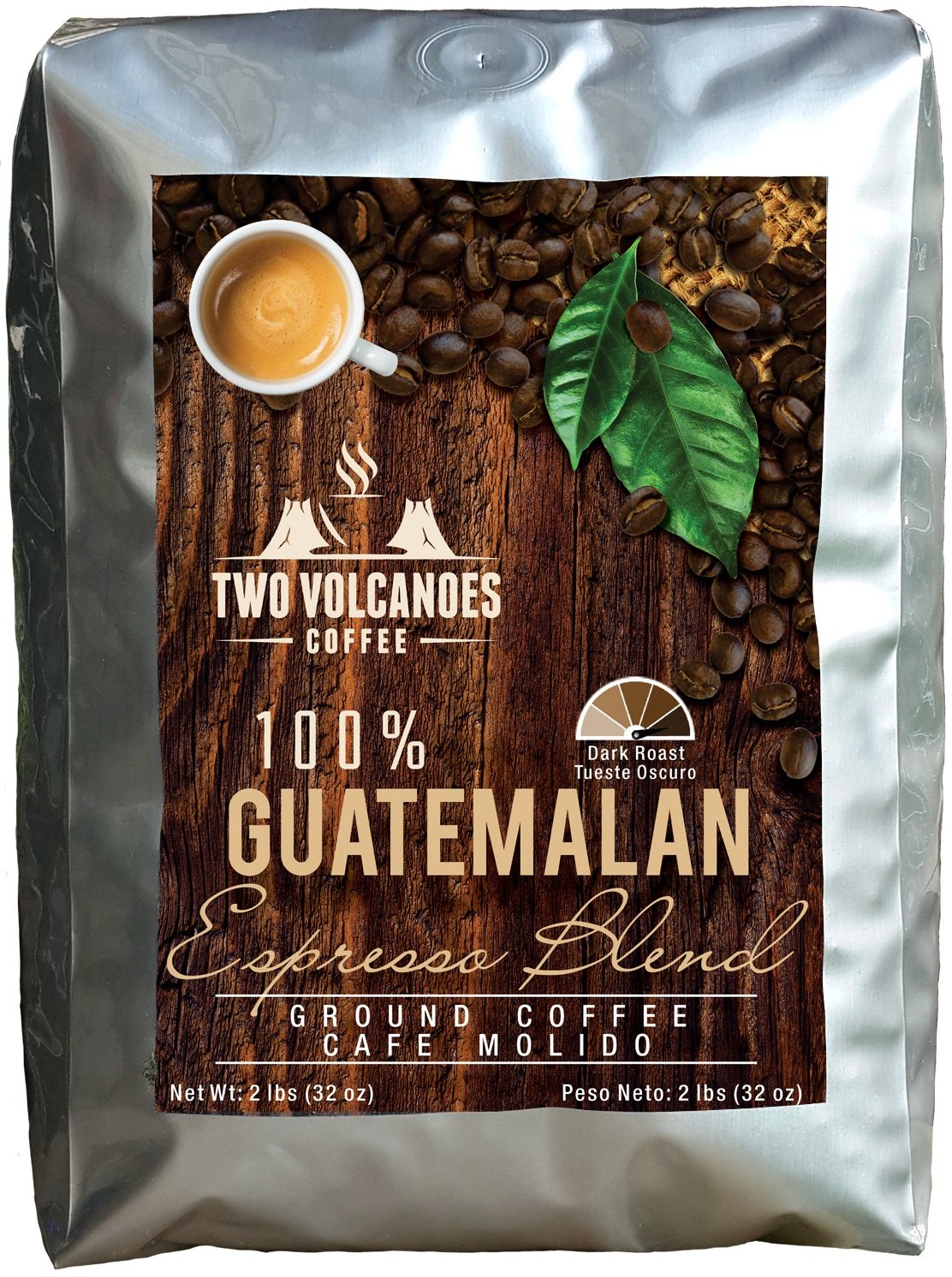 Two Volcanoes Ground Coffee - Dark Roast Espresso Blend - 2 lb bag - Guatemala Delicious Gourmet Coffee. Great for French Press. Get The Kick, Enjoy