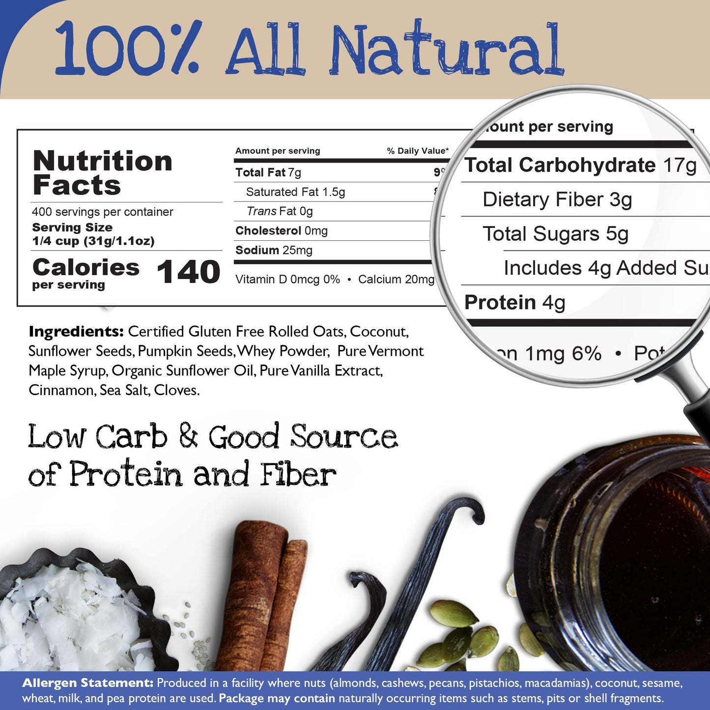 True North Granola - Gluten Free Maple Vanilla Granola, Low Carb, Nut Free and Non-GMO, Bulk Bag, 25 lb.