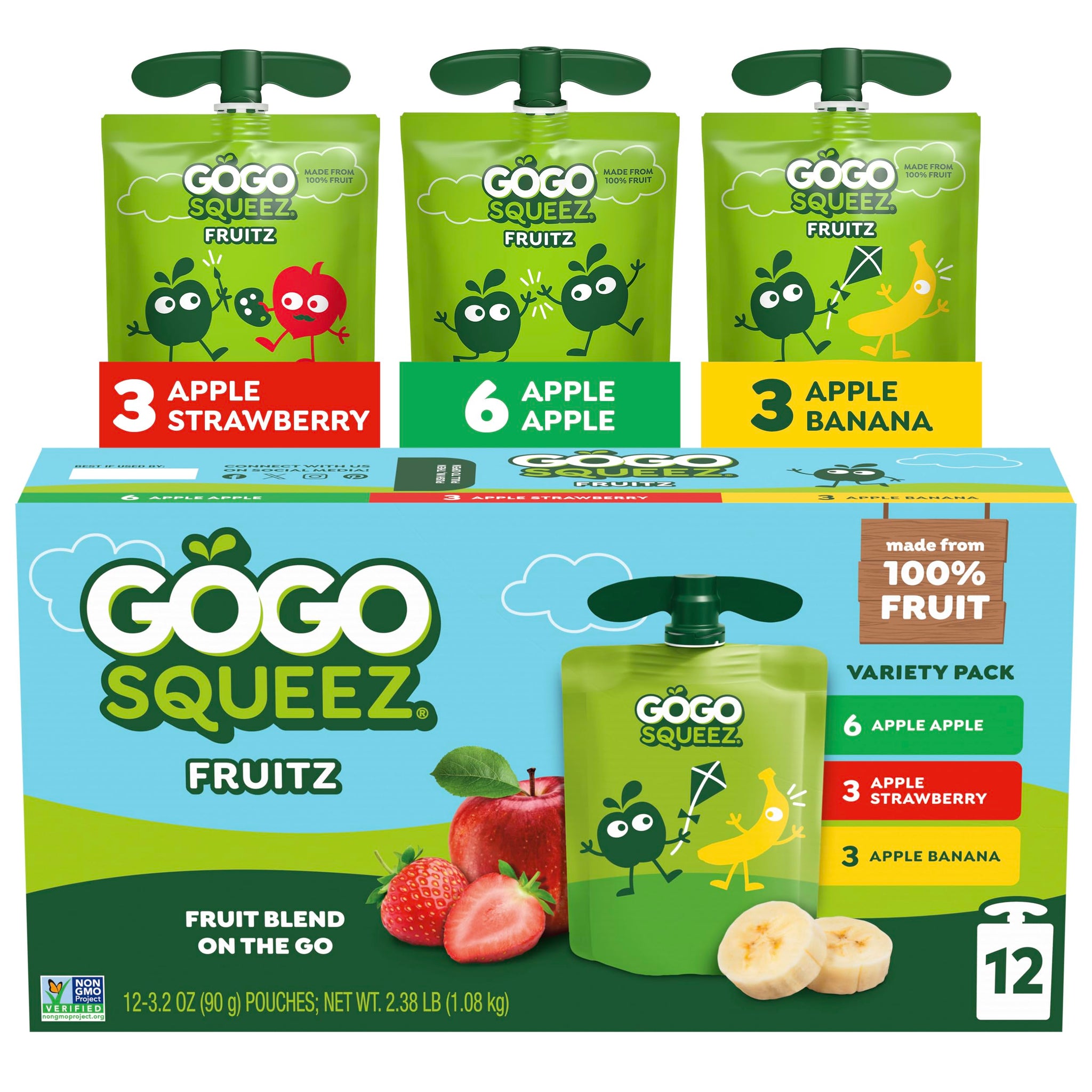 GoGo squeeZ Applesauce and Fruit Puree, Apple, Strawberry, & Banana, 3.2 oz (Pack of 12), Unsweetened Fruit Snacks for Kids, Gluten Free, Nut Free