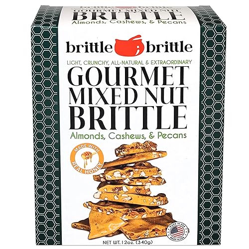 brittle-brittle Mixed Nut Brittle Candy, Handmade Gourmet Treat with Honey, Almonds, Cashews, Pecans, Gluten Free, Perfect Snack or Gift, 12 oz