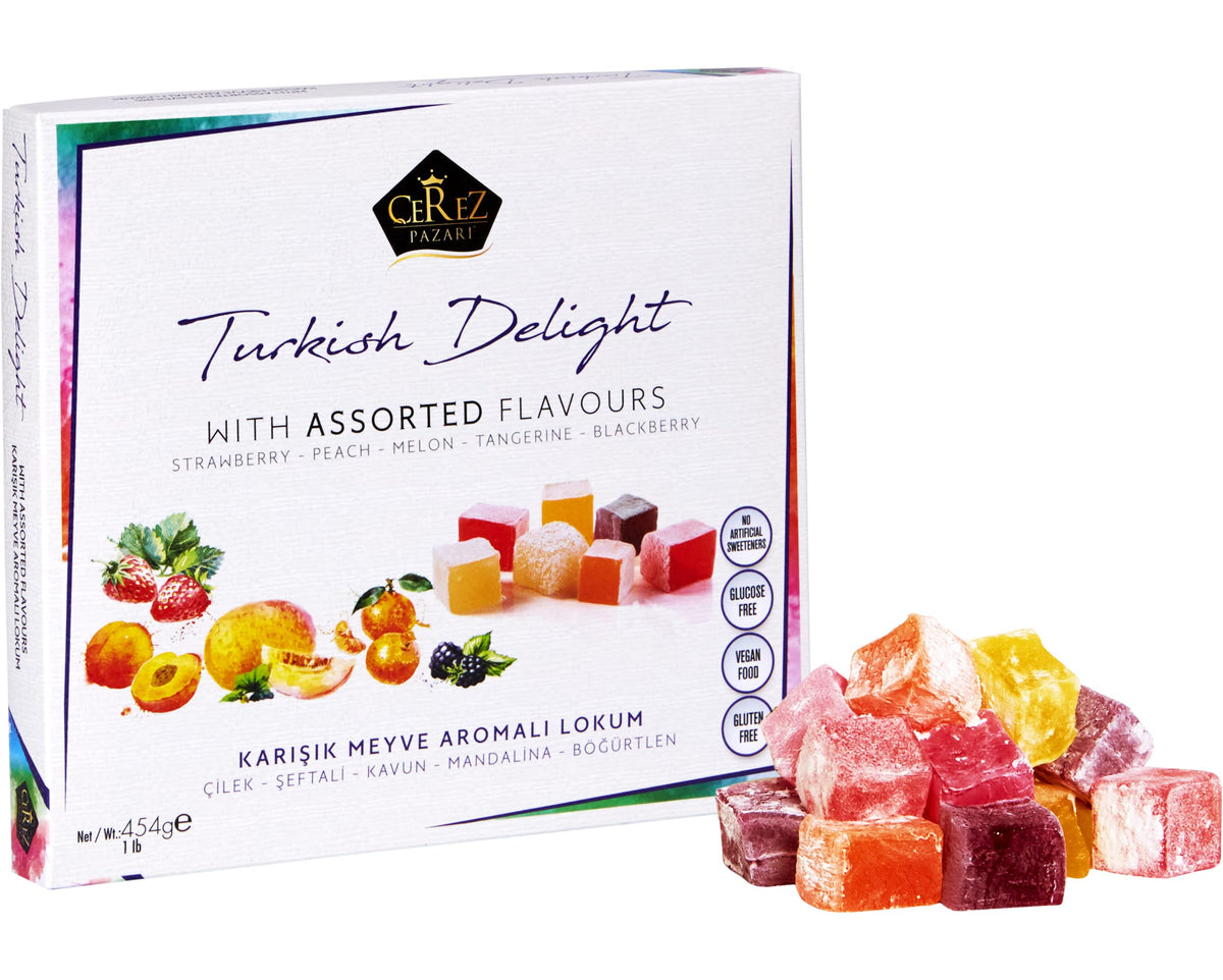 Cerez Pazari Turkish Delight Candy With Assorted Flavors 16 oz, Gourmet Snacks Gift Box, No Nuts Sweet Traditional Confectionery Vegan Candy Dessert