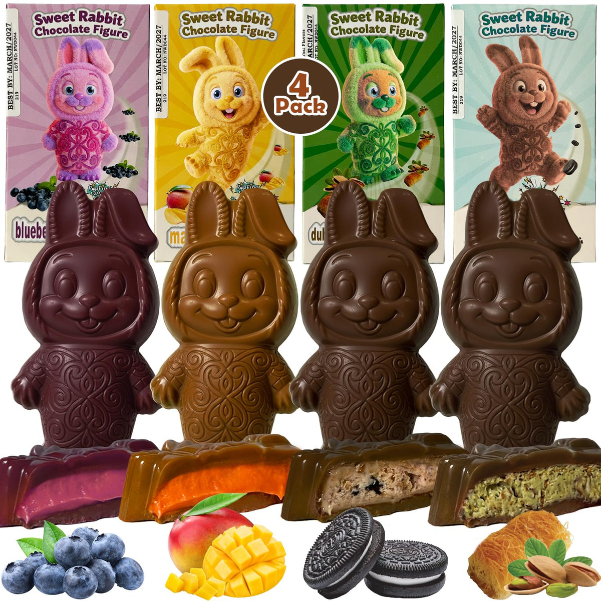 Dubai Chocolate Bars - Dubai Style - Cookies - Mango - Blueberry Flavors - 4x75g