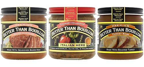 Better Than Bouillon Base Variety Pack, 1 Premium Baked Ham Base, 1 Culinary Collection Italian Herb Base, 1 Premium Turkey Base, 8 Ounce Jars (Pack