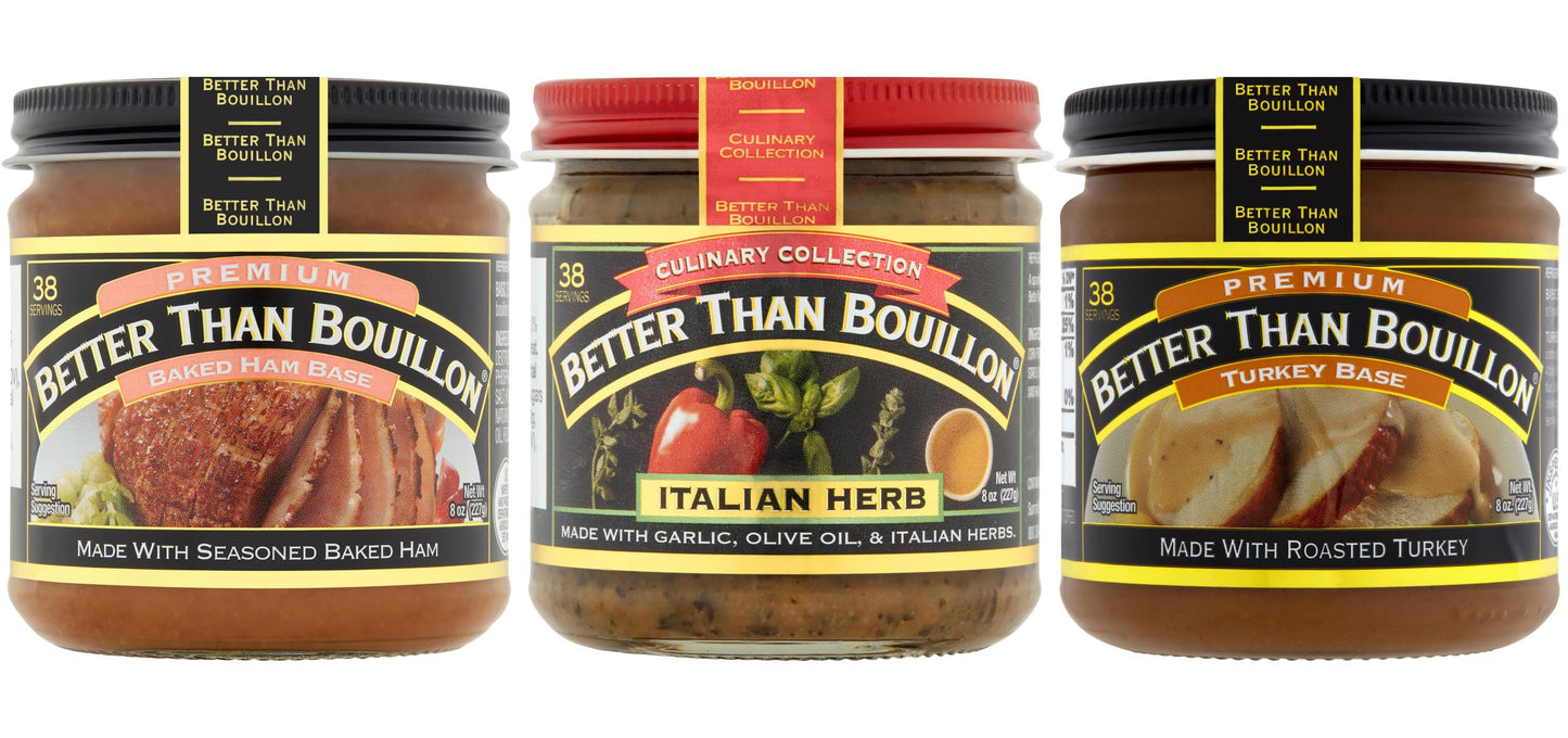 Better Than Bouillon Base Variety Pack, 1 Premium Baked Ham Base, 1 Culinary Collection Italian Herb Base, 1 Premium Turkey Base, 8 Ounce Jars (Pack