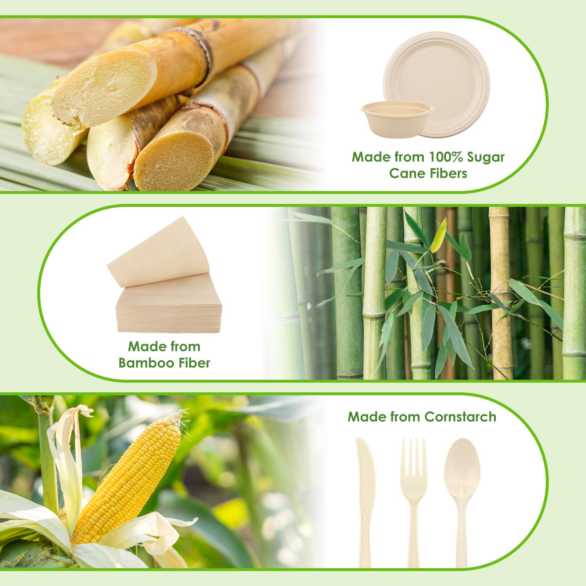 FEHHTO Disposable Paper Plates Set 300PCS Compostable Sugarcane Plates, Bowls, Heavy-duty Utensil, Biodegradable Napkins, Eco-friendly Dinnerware Set