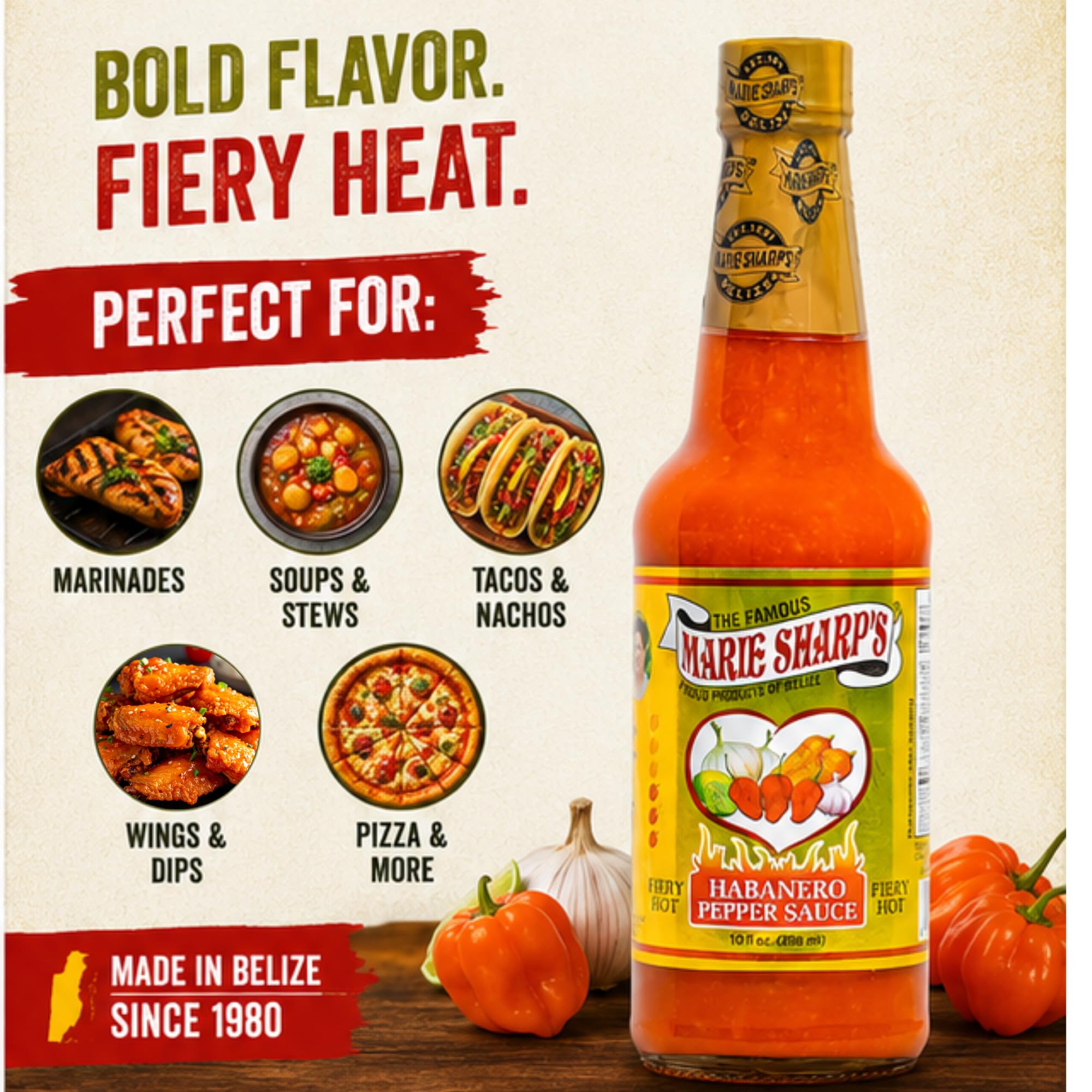 Marie Sharp’s Fiery Hot Habanero Pepper Sauce, 10 oz - Extra Hot Belizean Hot Sauce with Intense Heat & Flavor - All-Natural, Gluten-Free (Pack of 6)