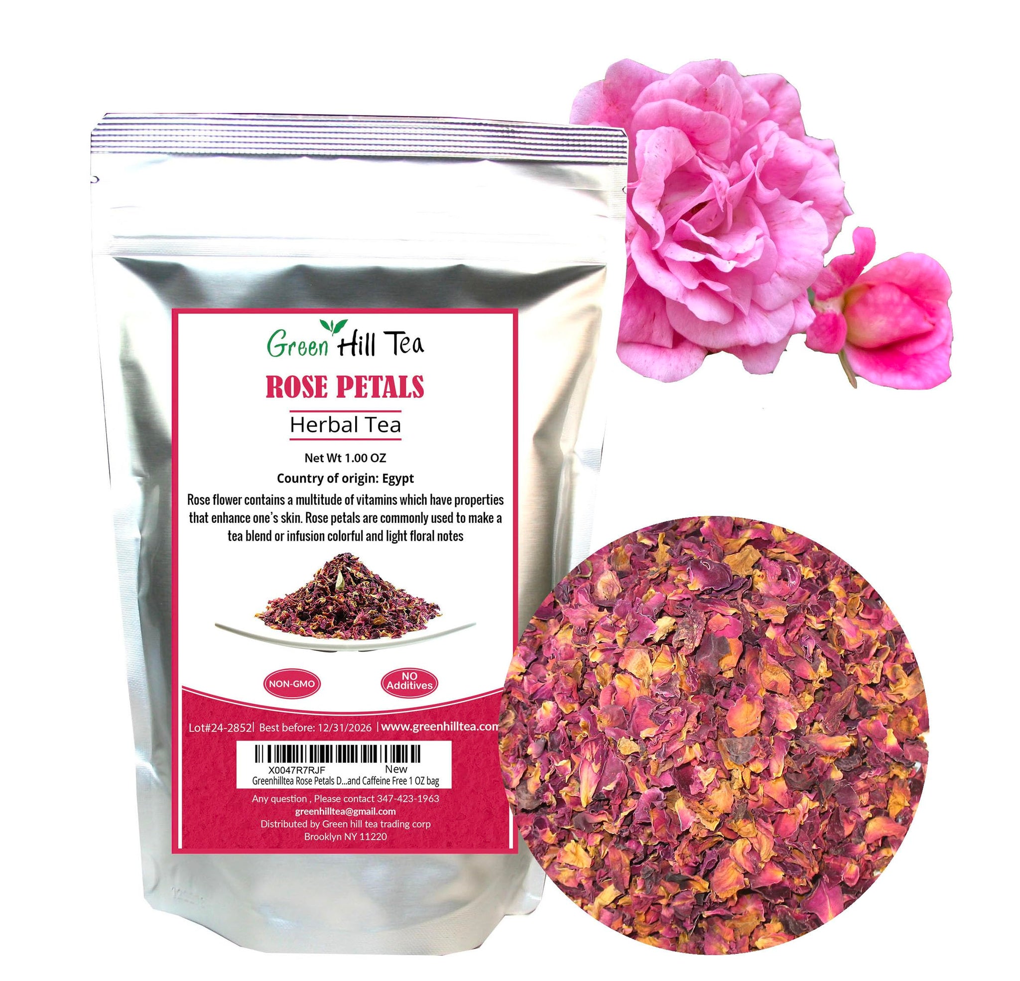 Greenhilltea Rose Petals Dried Flowers in Resealable Pouch, Edible Flowers for Herbal Tea, Rosewater, Baking, Decorating Desserts, 1 OZ bag