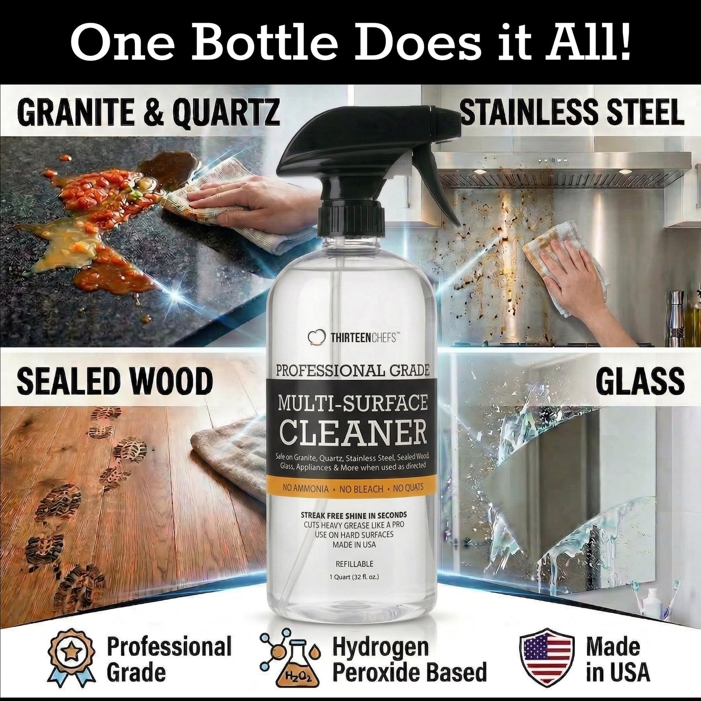 Thirteen Chefs Multi-Surface Cleaner for Granite and Quartz Countertop, Stainless Steel Appliances, Wood Furniture and Tables - 32oz Spray Bottle