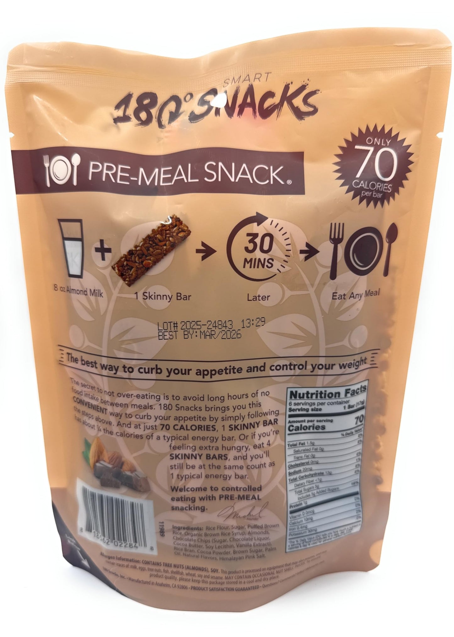 180 Snacks, Skinny Bar, Almonds & Chocolate Chips, 6 Bars