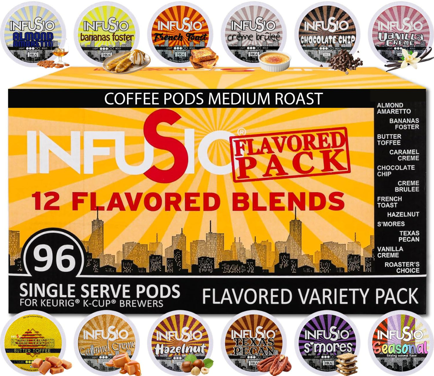 InfuSio Flavored Coffee Pods Variety Pack - 96 Count, 12 Gourmet Medium Roast Dessert-Inspired Blends like Bananas Foster & Crème Brûlée, Compatible