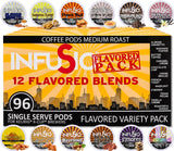 InfuSio Flavored Coffee Pods Variety Pack - 96 Count, 12 Gourmet Medium Roast Dessert-Inspired Blends like Bananas Foster & Crème Brûlée, Compatible