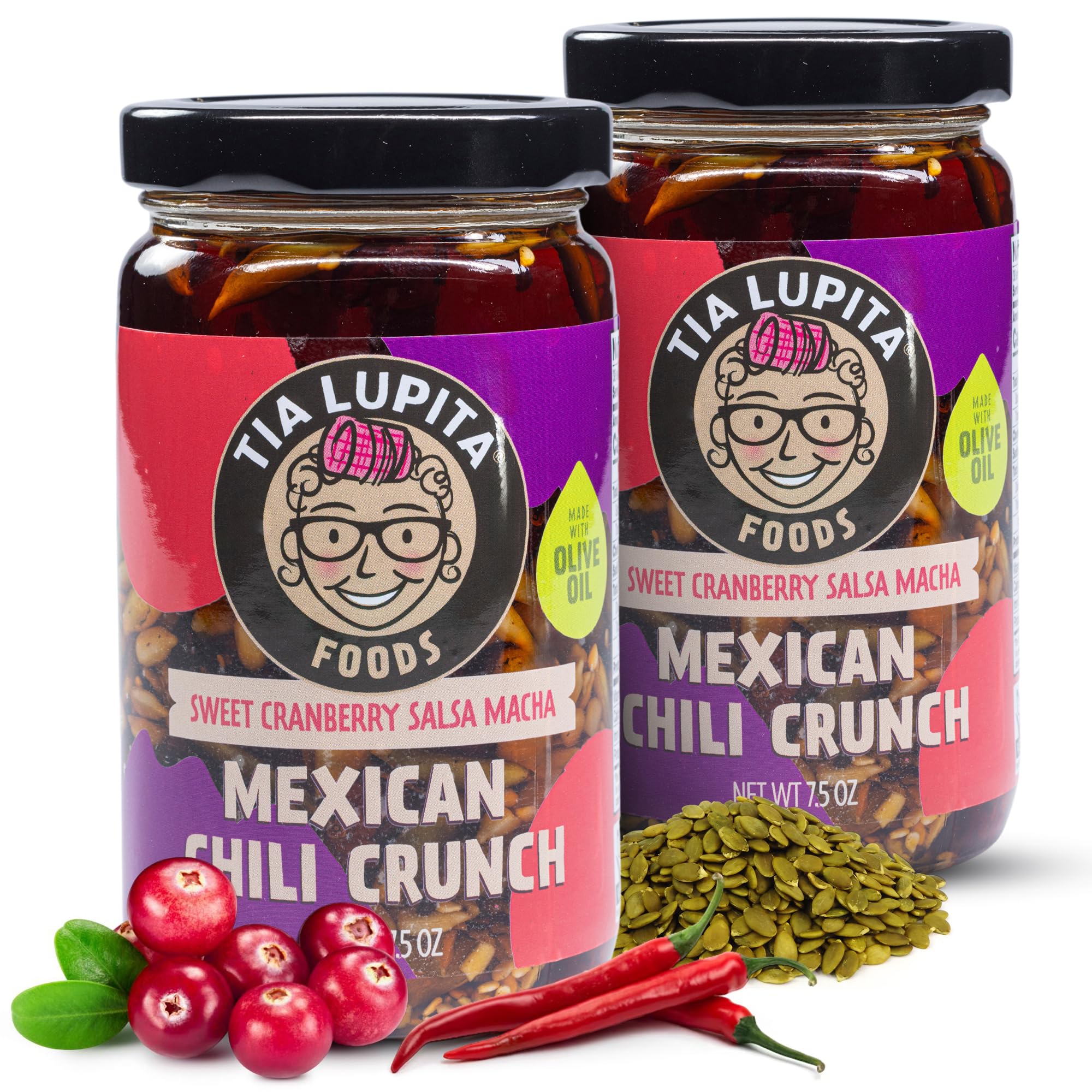 Tia Lupita Mexican Chili Crunch Cranberry - Salsa Macha, Crunchy Morita Chili Oil | Gluten-Free, Non-GMO, Vegan | 7.5 Oz (Pack of 2)