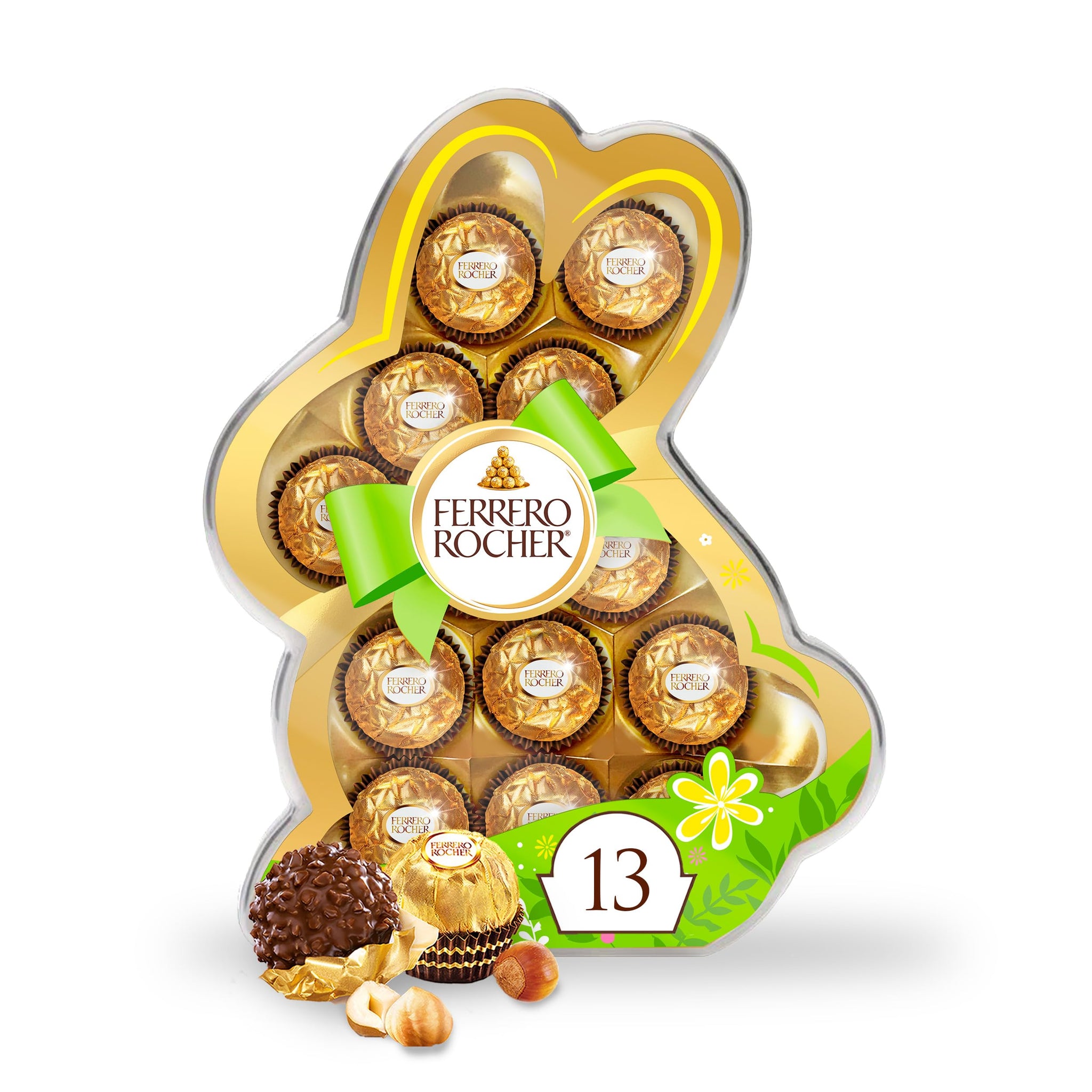 Ferrero Rocher, 13 Count, Premium Gourmet Milk Chocolate Hazelnut, Individually Wrapped Candy for Gifting in a Bunny-Shaped Box, Great Easter Gift