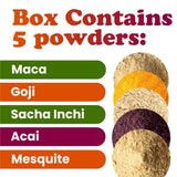 Food to Live Organic Super Powders in a Gift Box - Acai Berry Powder, Goji Berry Powder, Sacha Inchi Powder, Maca Powder, Mesquite Powder