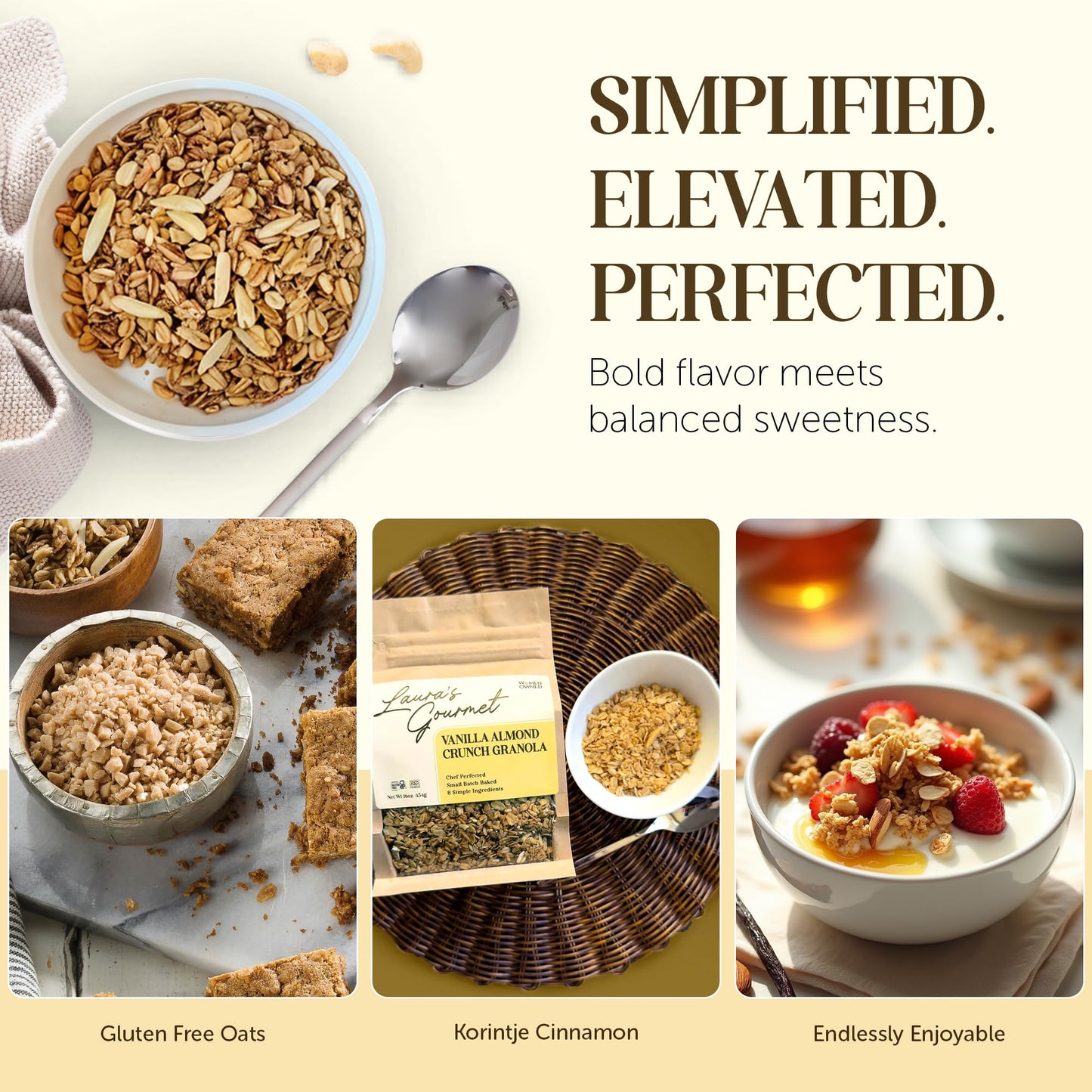 Laura's Gourmet Granola - Vanilla Almond Crunch - Gluten, Soy & Dairy Free - Organic Premium Honey, Almonds & Pure Ground Vanilla, Chef's Trifecta