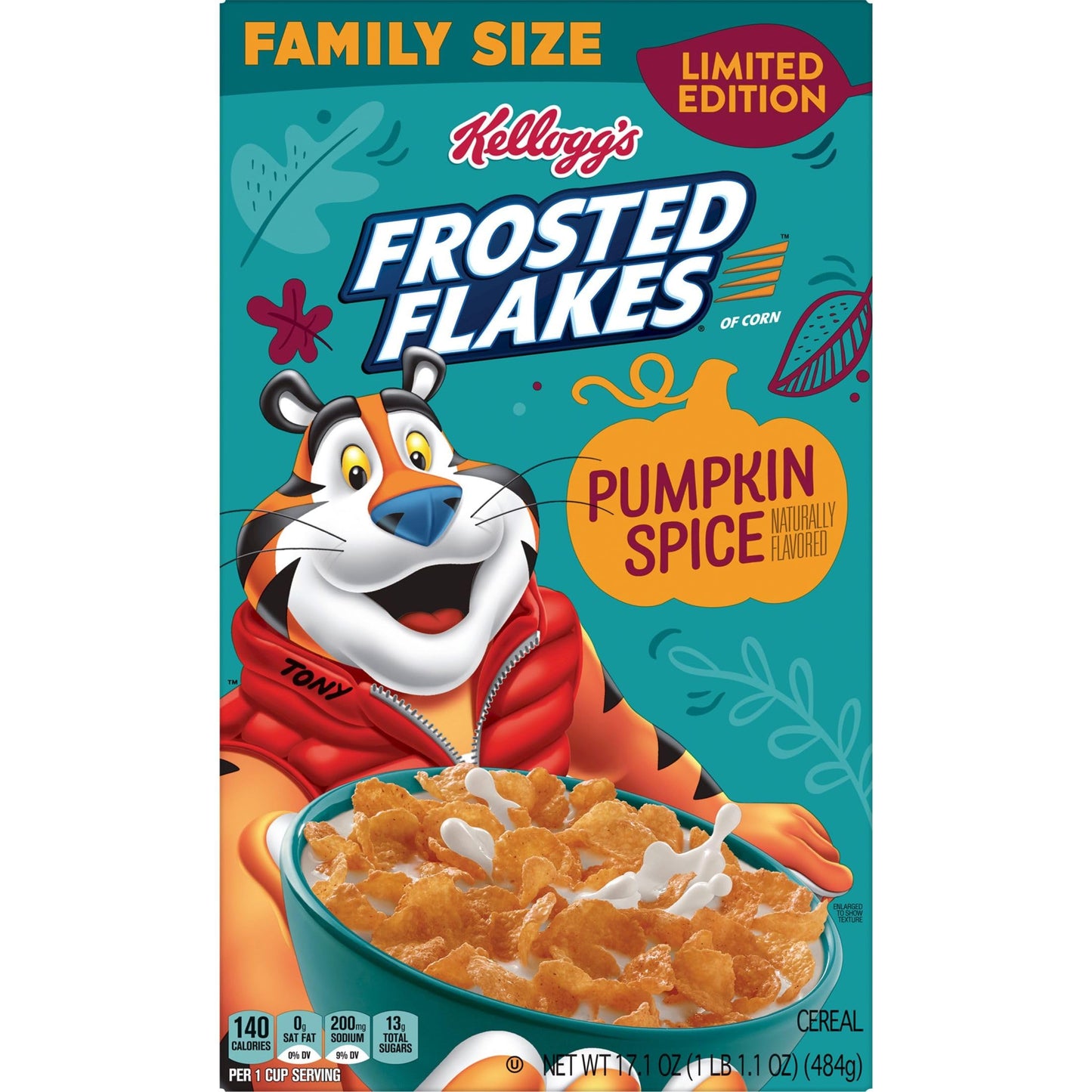 Frosted Flakes Cold Breakfast Cereal, 7 Vitamins and Minerals, Limited Edition, Family Size, Pumpkin Spice, 17.1oz Box (1 Box)