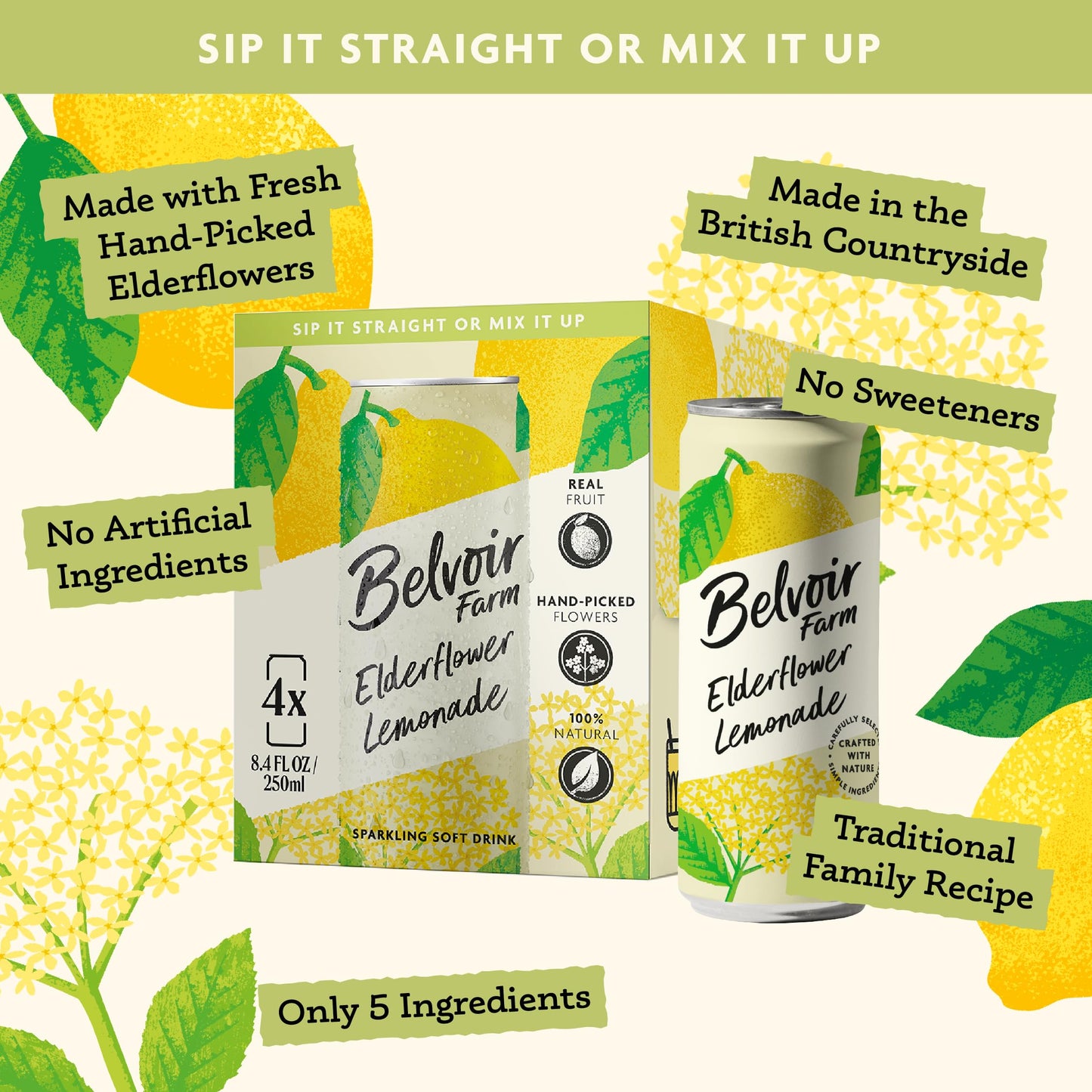 Belvoir Farms Sparkling Elderflower Flavored Lemonade | Delicious On It's Own Or As A Mixer | Product of The UK | 4 Cans, 8.4 fl oz (250mL)