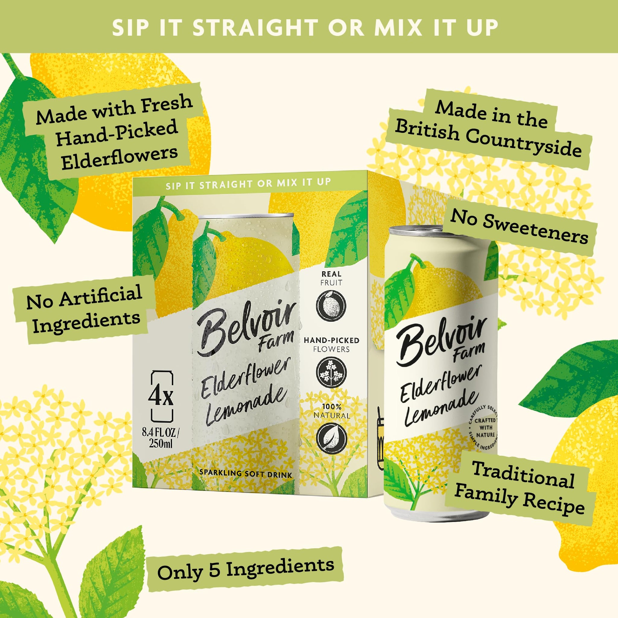 Belvoir Farms Sparkling Elderflower Flavored Lemonade | Delicious On It's Own Or As A Mixer | Product of The UK | 4 Cans, 8.4 fl oz (250mL)