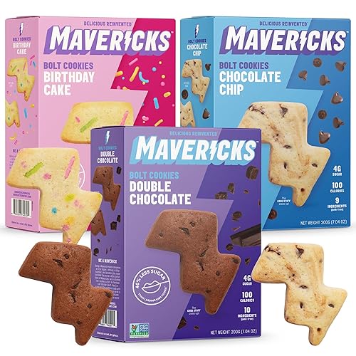 Mavericks Snacks Bolt Cookies Variety Pack - Healthy Plant-Based Snacks for Kids - Low-Calorie Chocolate Chip, Double Chocolate & Birthday Cake