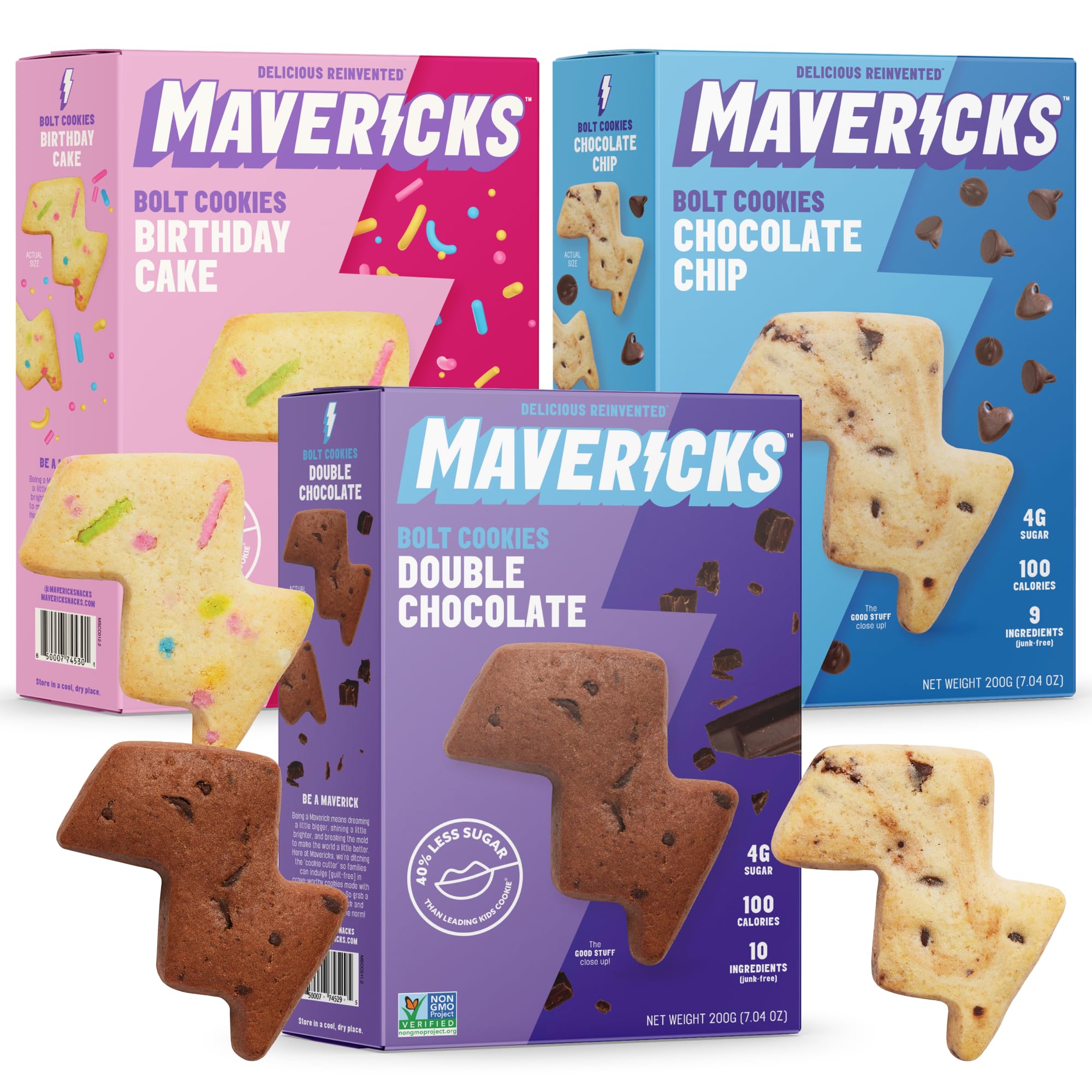 Mavericks Snacks Bolt Cookies Variety Pack - Healthy Plant-Based Snacks for Kids - Low-Calorie Chocolate Chip, Double Chocolate & Birthday Cake