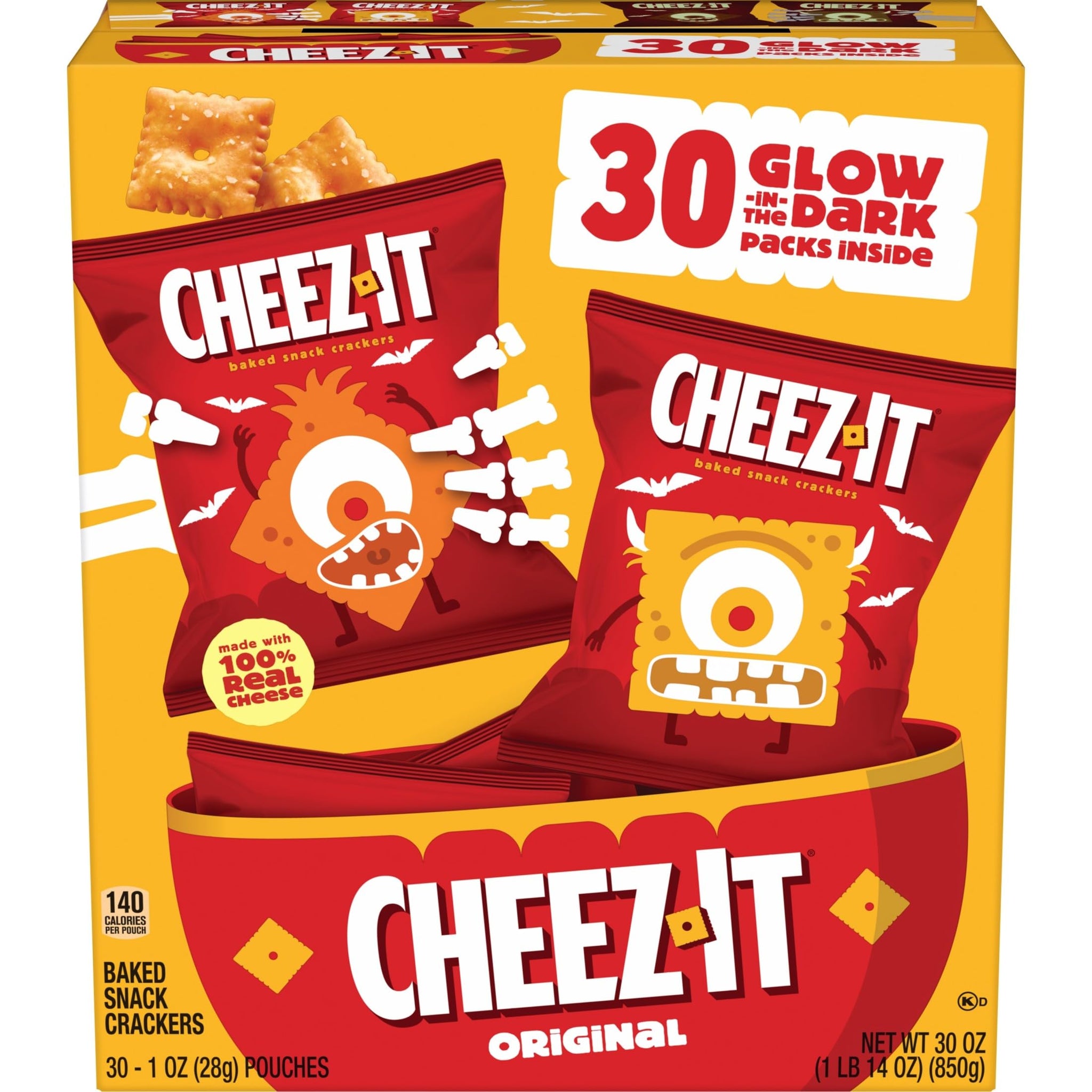 Cheez-It Cheese Crackers, Baked Snack Crackers, Halloween Snacks, Original, 30oz Box (30 Pouches)