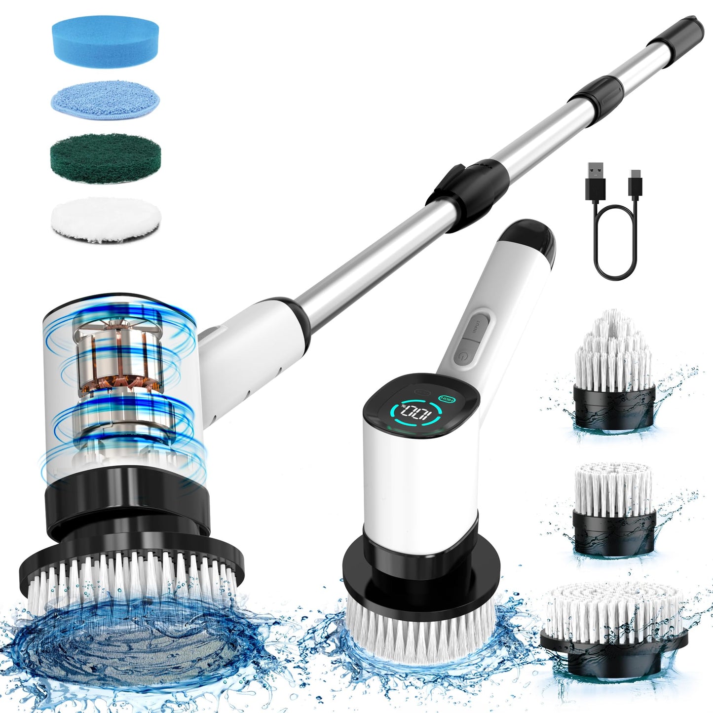 Rotashine Electric Spin Scrubber - Electric Scrubber for Cleaning with 7 Replaceable Heads - Full-Body Waterproof Tub Scrubber with Long Handle