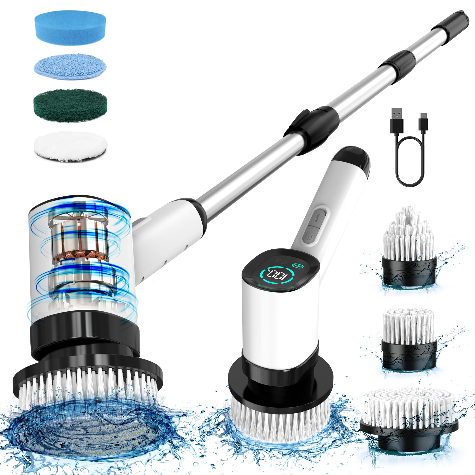 Rotashine Electric Spin Scrubber - Electric Scrubber for Cleaning with 7 Replaceable Heads - Full-Body Waterproof Tub Scrubber with Long Handle