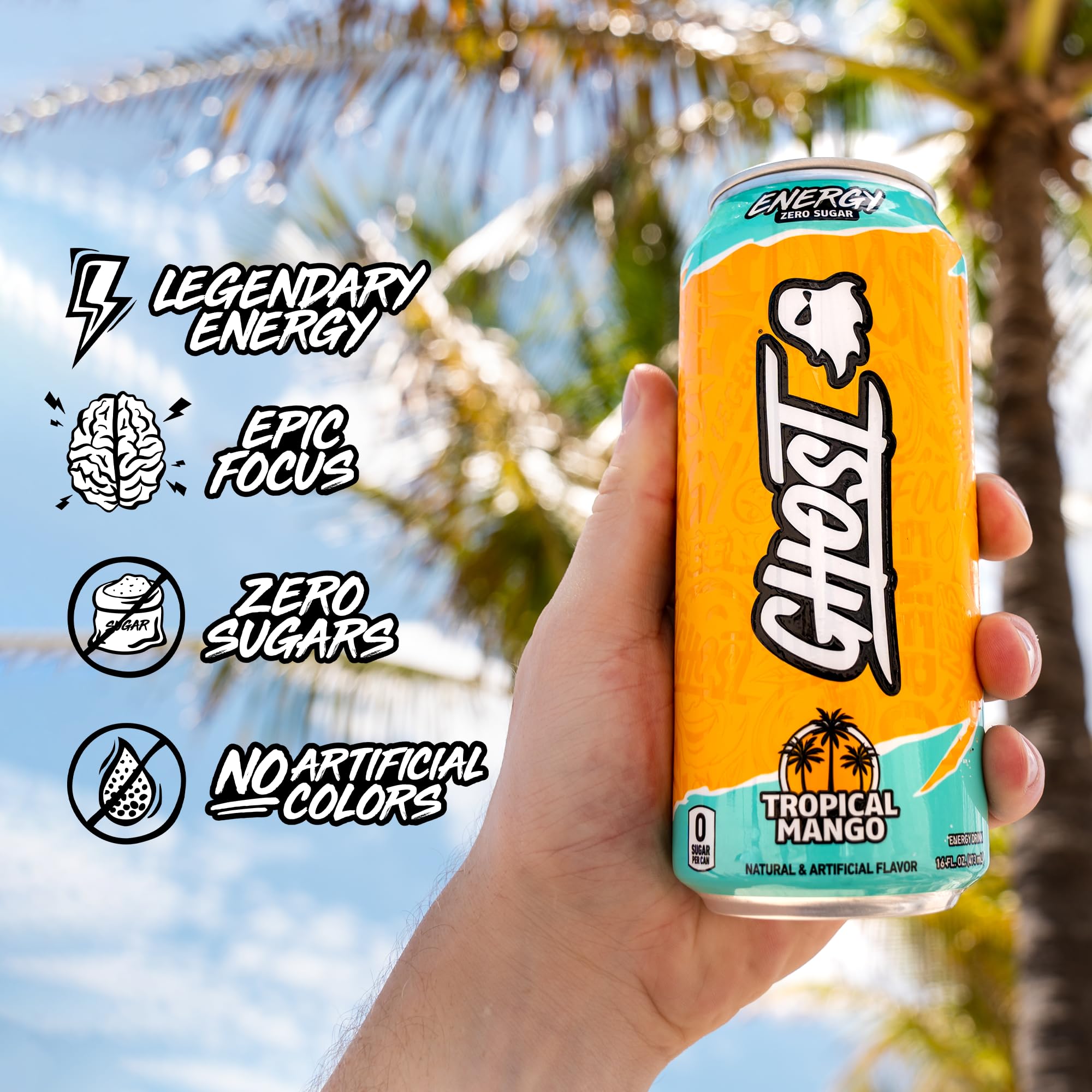 GHOST Energy Drink - 12-Pack, Tropical Mango, 16oz Cans - Energy & Focus & No Artificial Colors - 200mg of Natural Caffeine, L-Carnitine & Taurine