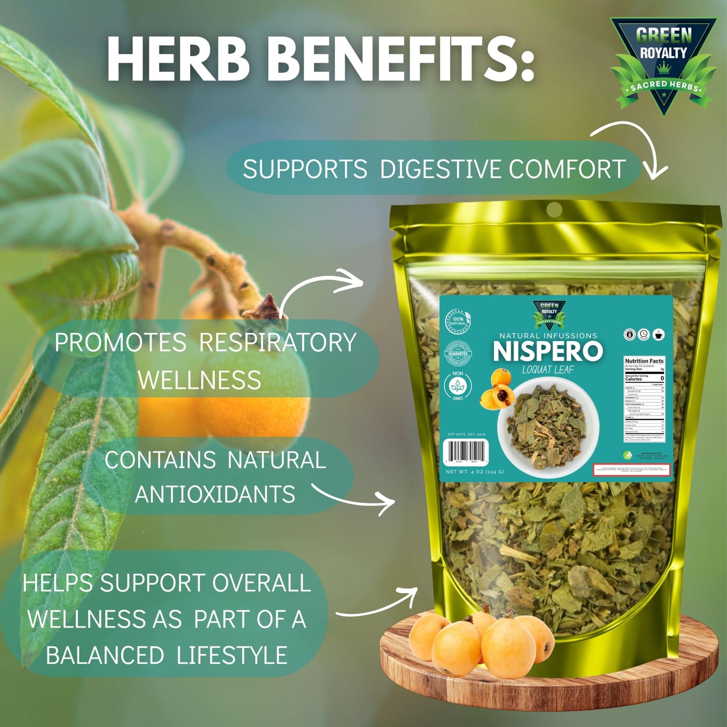 GREEN ROYALTY Te Herbal Hojas De Nispero 4oz Herbal Tea (Loquat Leaves Tea) Stand Up Resealable Bag Crafted By Nature100% All Natural Fresh Tea Tea