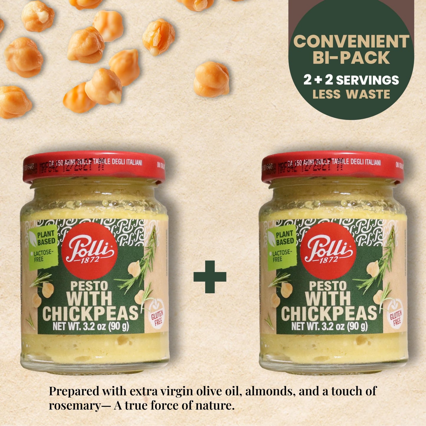 Polli Chickpea Pesto - Plant Based Italian Pesto Sauce with Extra Virgin Olive Oil & Almonds, Vegan Pasta Sauce, Dairy Free, Made in Italy, 2 x 3.2 oz