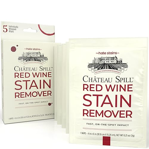 Chateau Spill Red Wine Stain Remover Wipes - 5 Count Individually Wrapped to go Wipes for Stubborn Stains on Clothes, Tablecloth, Carpet, Upholstery