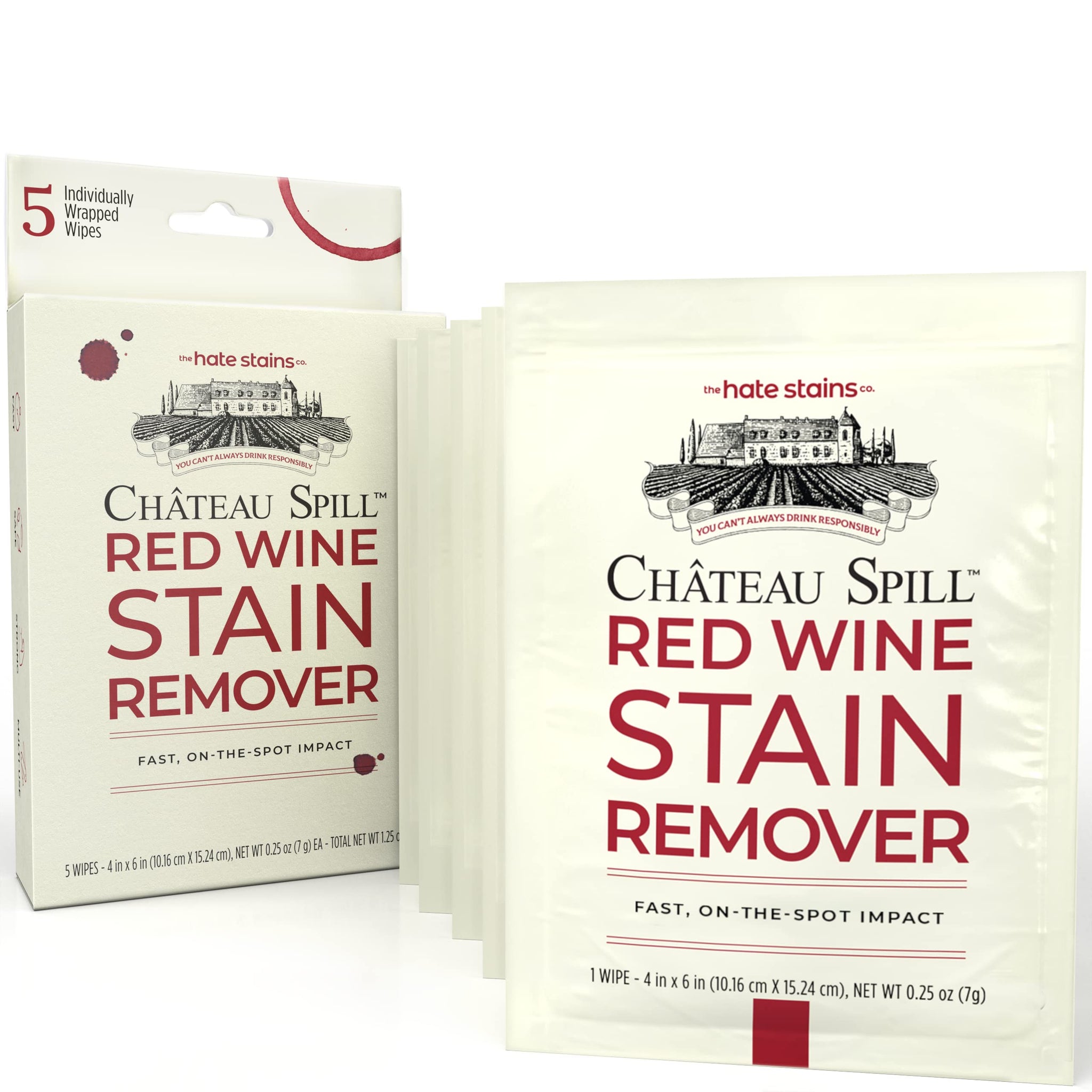 Chateau Spill Red Wine Stain Remover Wipes - 5 Count Individually Wrapped to go Wipes for Stubborn Stains on Clothes, Tablecloth, Carpet, Upholstery