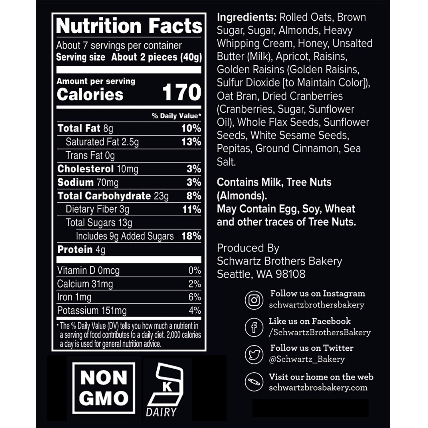 Schwartz Brothers Bakery, Granola Clusters with Oats, Fruits, Almonds & Seeds, Freshly Baked, Non-GMO, Kosher, Artisan Made, Twice-Baked in Small