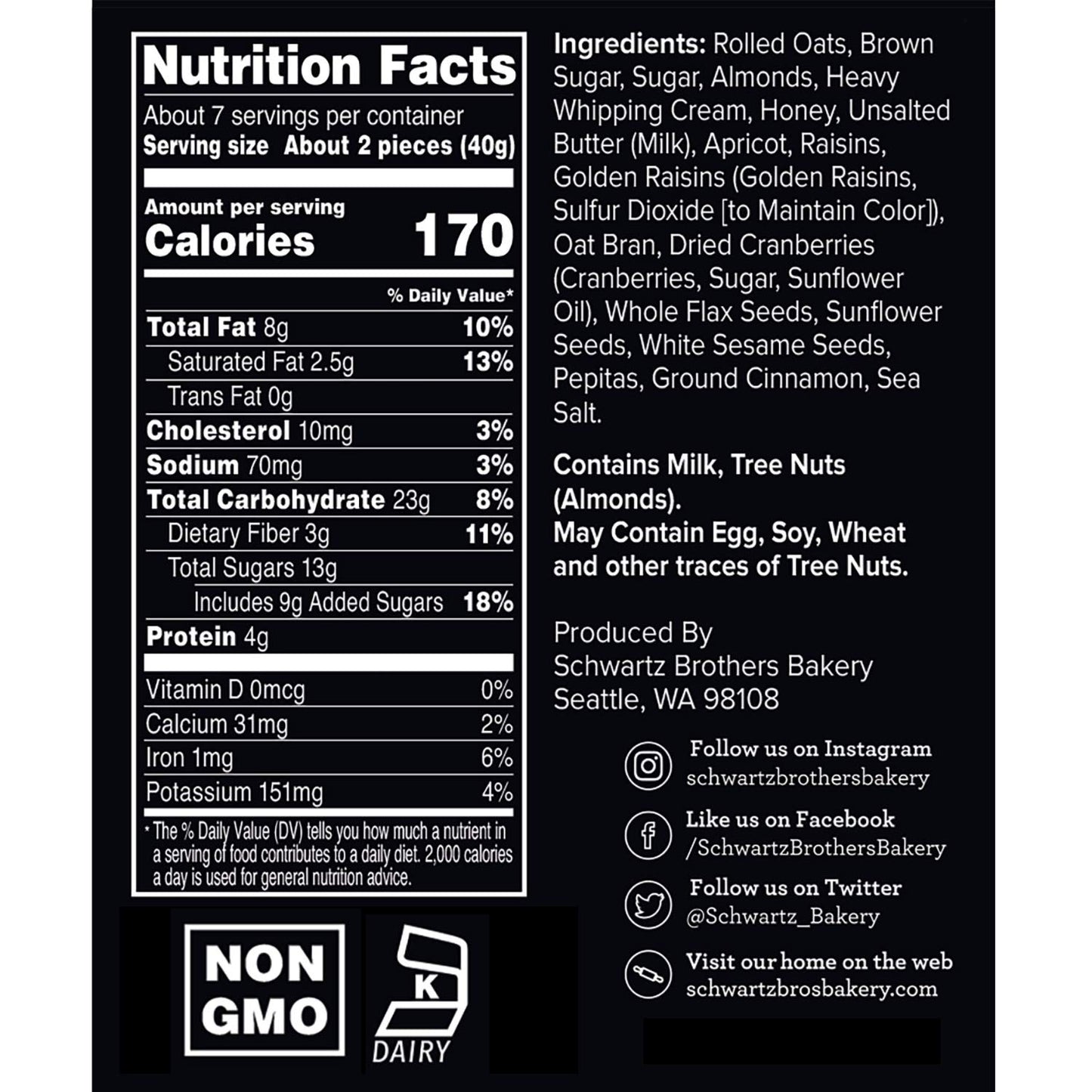 Schwartz Brothers Bakery, Granola Clusters with Oats, Fruits, Almonds & Seeds, Freshly Baked, Non-GMO, Kosher, Artisan Made, Twice-Baked in Small