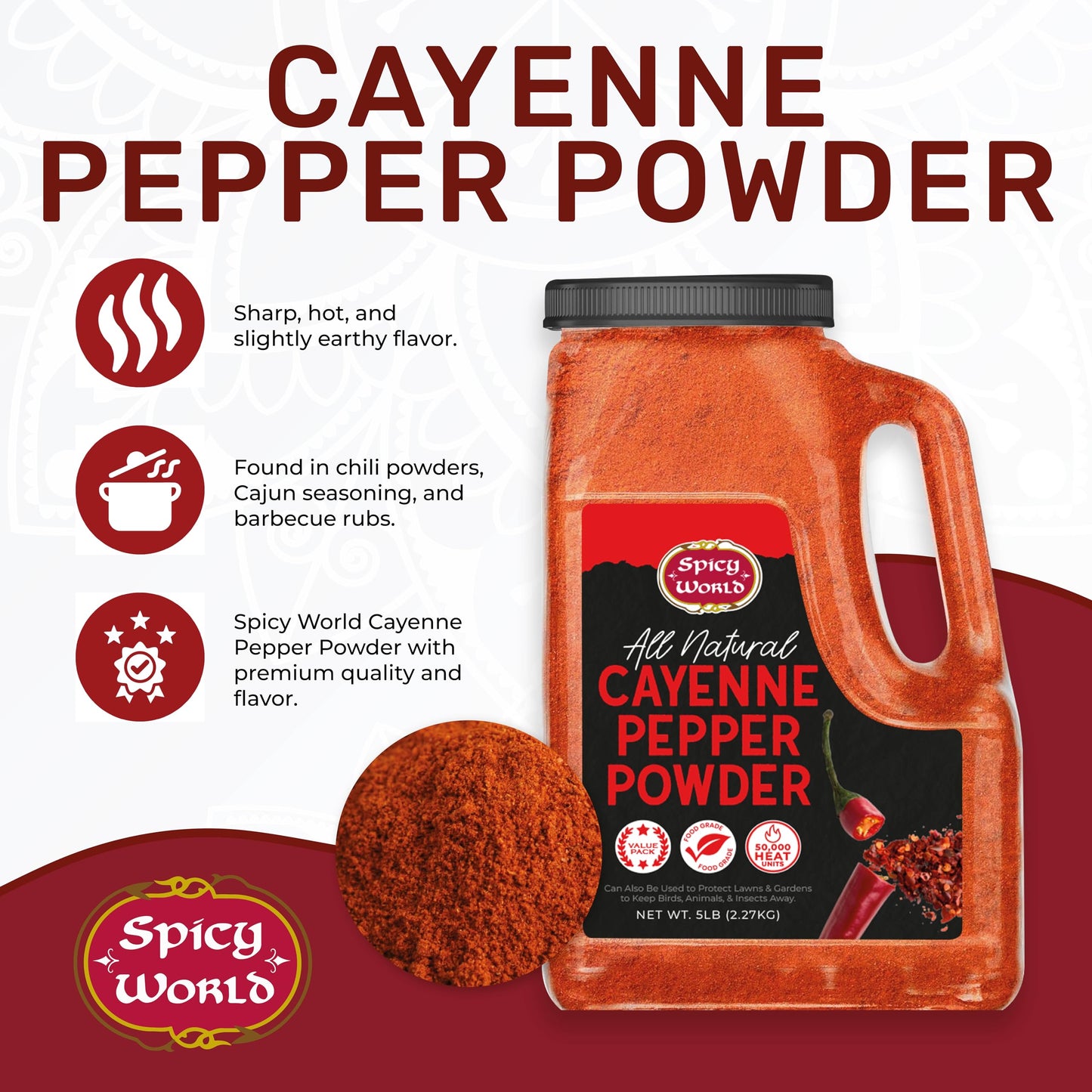 Spicy World Hot Cayenne Pepper Powder Bulk 5 LBS Jar - Red Ground Pepper 50,000 SHU Heat Unit - Gluten Free All Natural Red Pepper - For Commercial