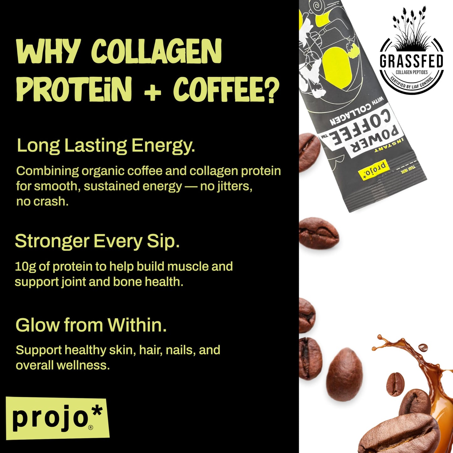 Projo* Power Coffee - Instant Coffee with 10g Protein - Grass-Fed Hydrolyzed Bovine Collagen & 225mg Caffeine - Organic, Unsweetened, Medium Roast