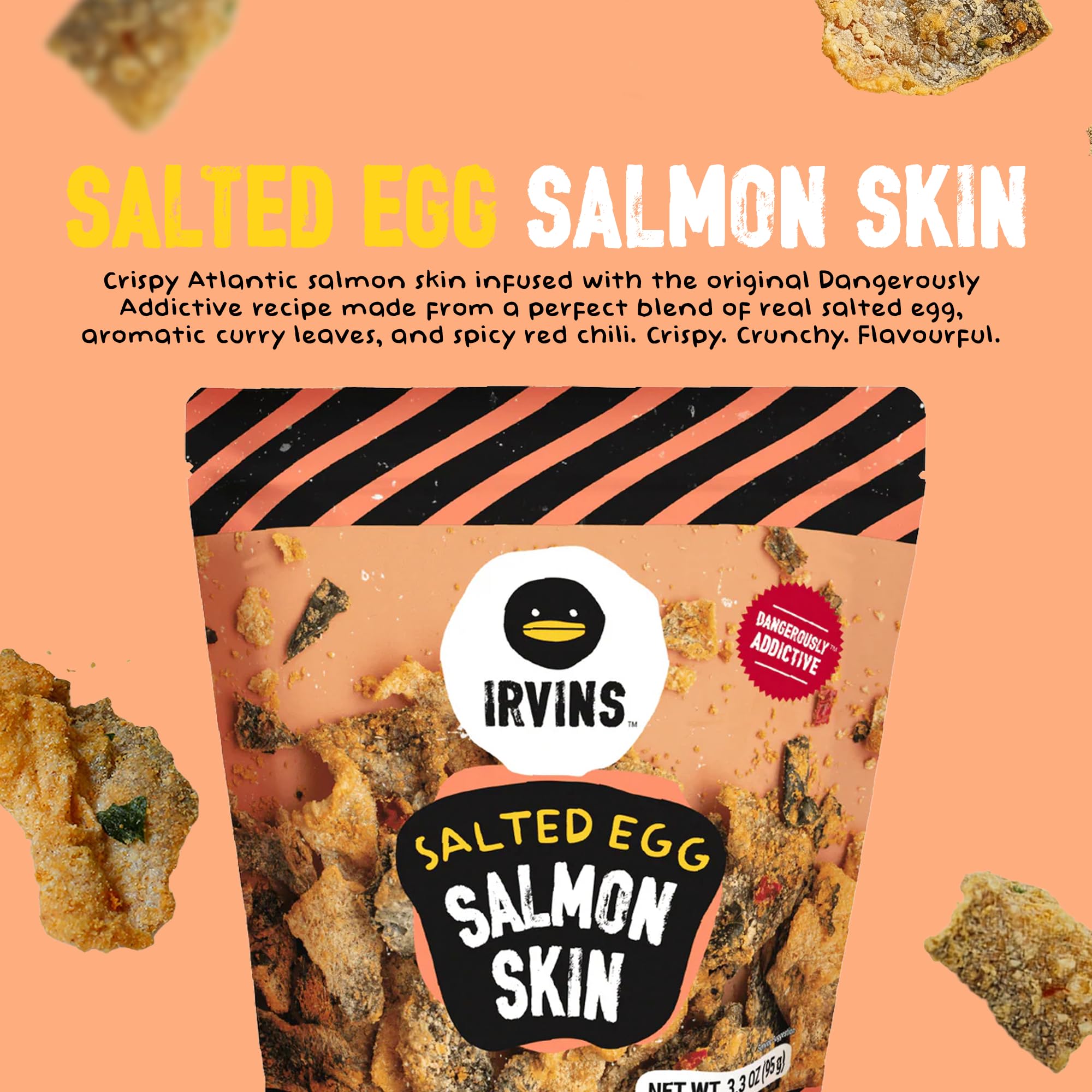 IRVINS Salted Egg Salmon Skin Chips & Crisps - Premium Hand Cooked, Halal, Keto-Friendly, High Protein Snack | Dangerously Addictive | (3.3 oz, Pack