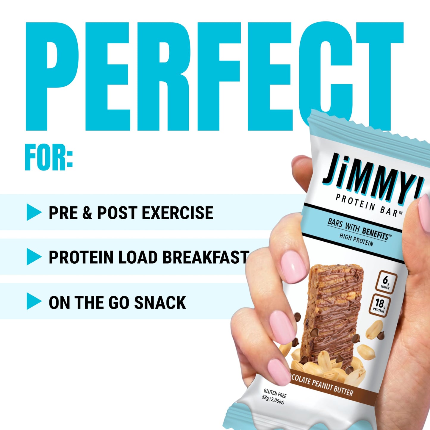 JiMMYBAR! Chocolate Peanut Butter Protein Bars 18g Protein Bar, 6g Low Sugar - 12 Count - 58g Health Bars - Functional Snack with Real Peanuts