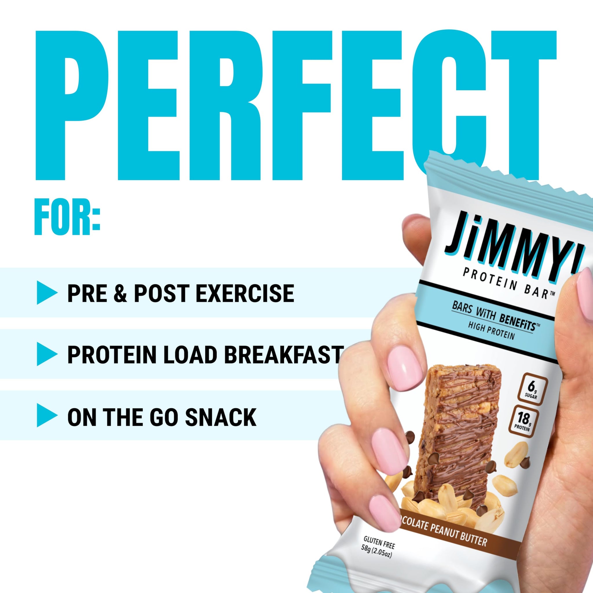 JiMMYBAR! Chocolate Peanut Butter Protein Bars 18g Protein Bar, 6g Low Sugar - 12 Count - 58g Health Bars - Functional Snack with Real Peanuts
