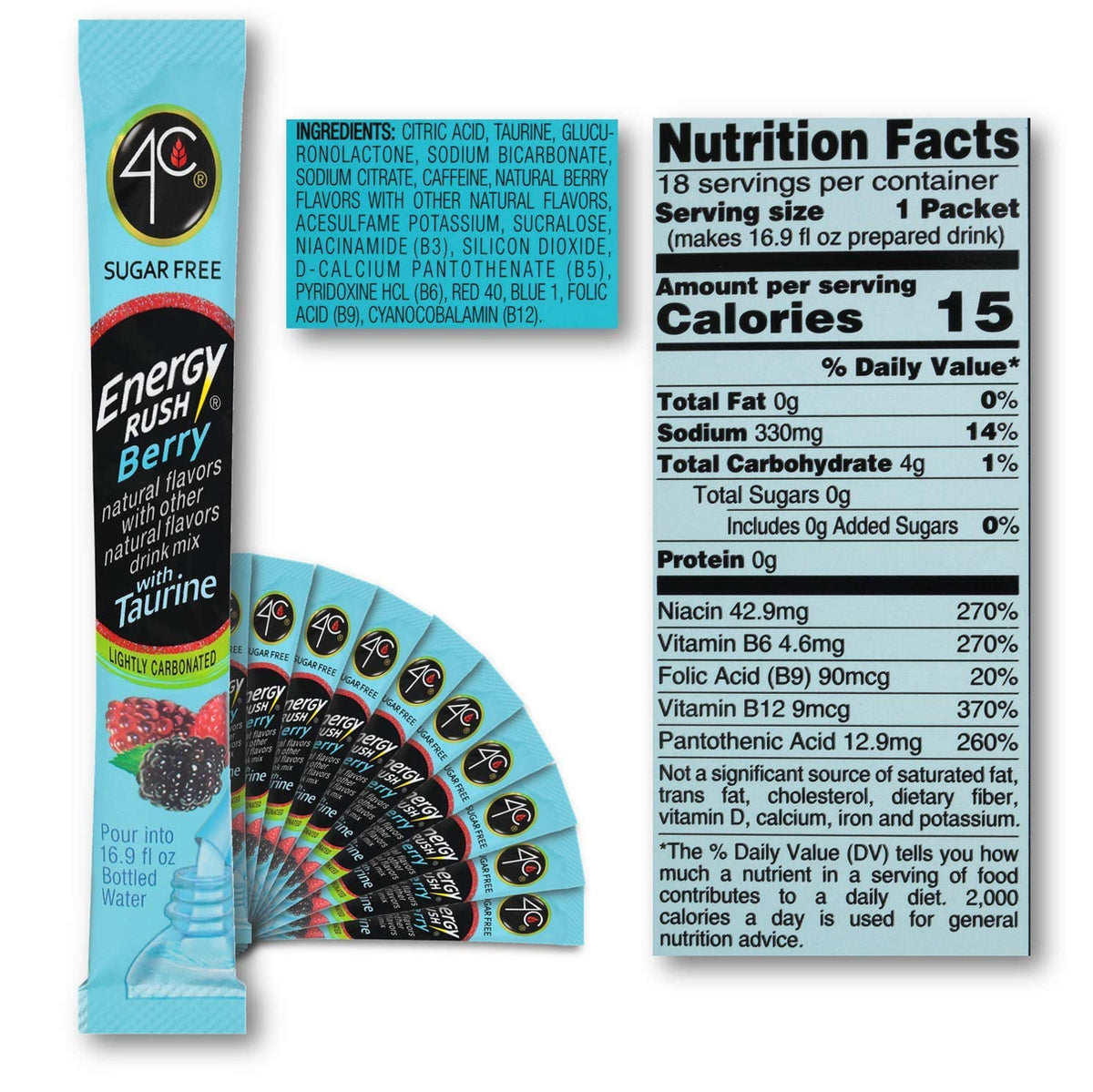 4C Energy Rush Stix, Berry 6 Pack, 18 Count, Single Serve Water Flavoring Packets, Sugar Free with Taurine, On the Go Bundle