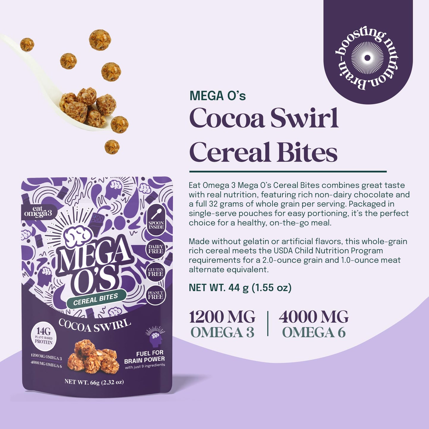 Eat Omega 3 Mega O’s Cocoa Swirl Cereal Bites - Gluten-Free, Dairy-Free, Plant-Based Protein Snack with Omega-3 & Omega-6, Low Sugar, Peanut-Free