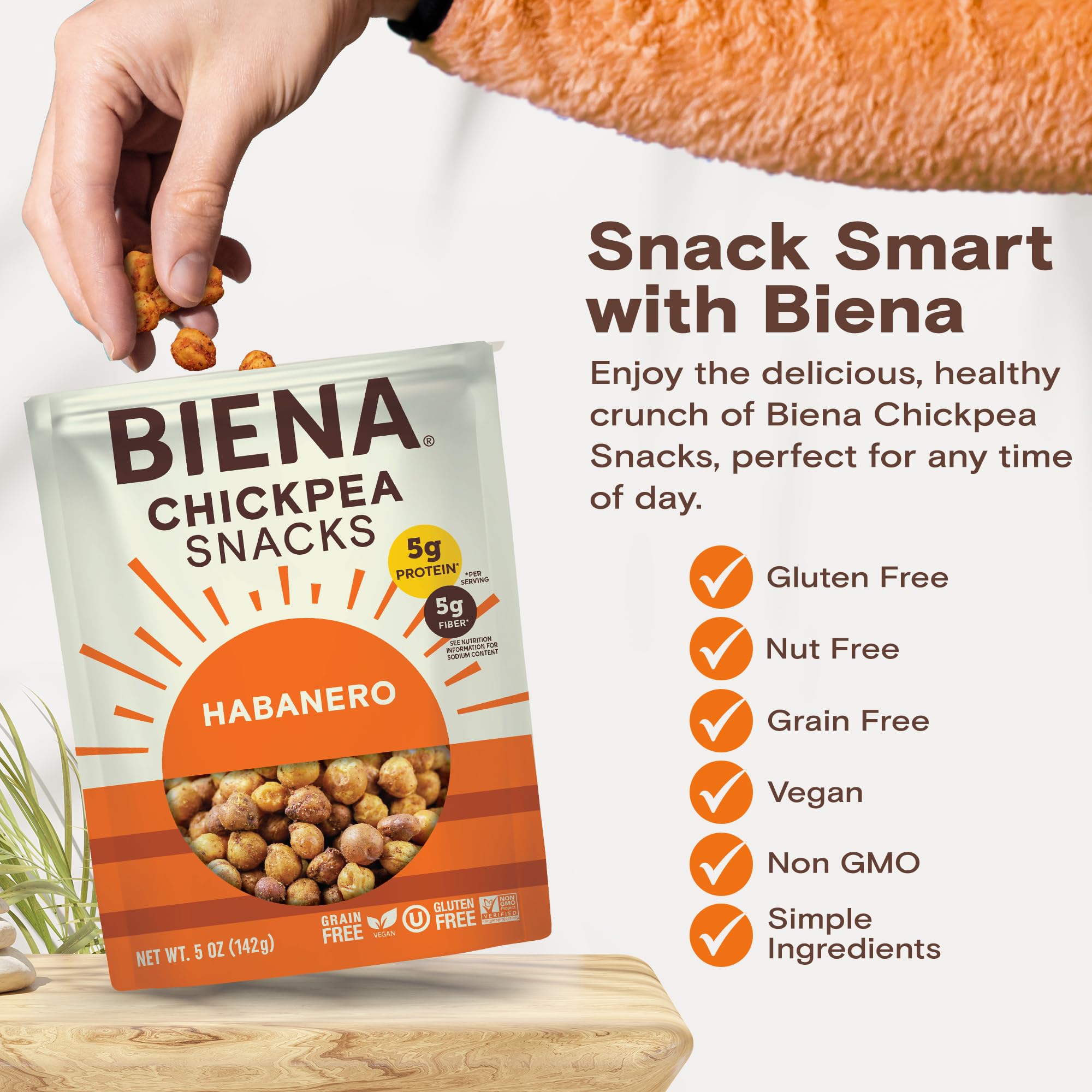BIENA Chickpea Snacks - Crunchy Roasted Chickpeas - High Fiber Vegan Protein Snacks for Adults and Kids - 8-Pack, 5 Ounce - Habanero